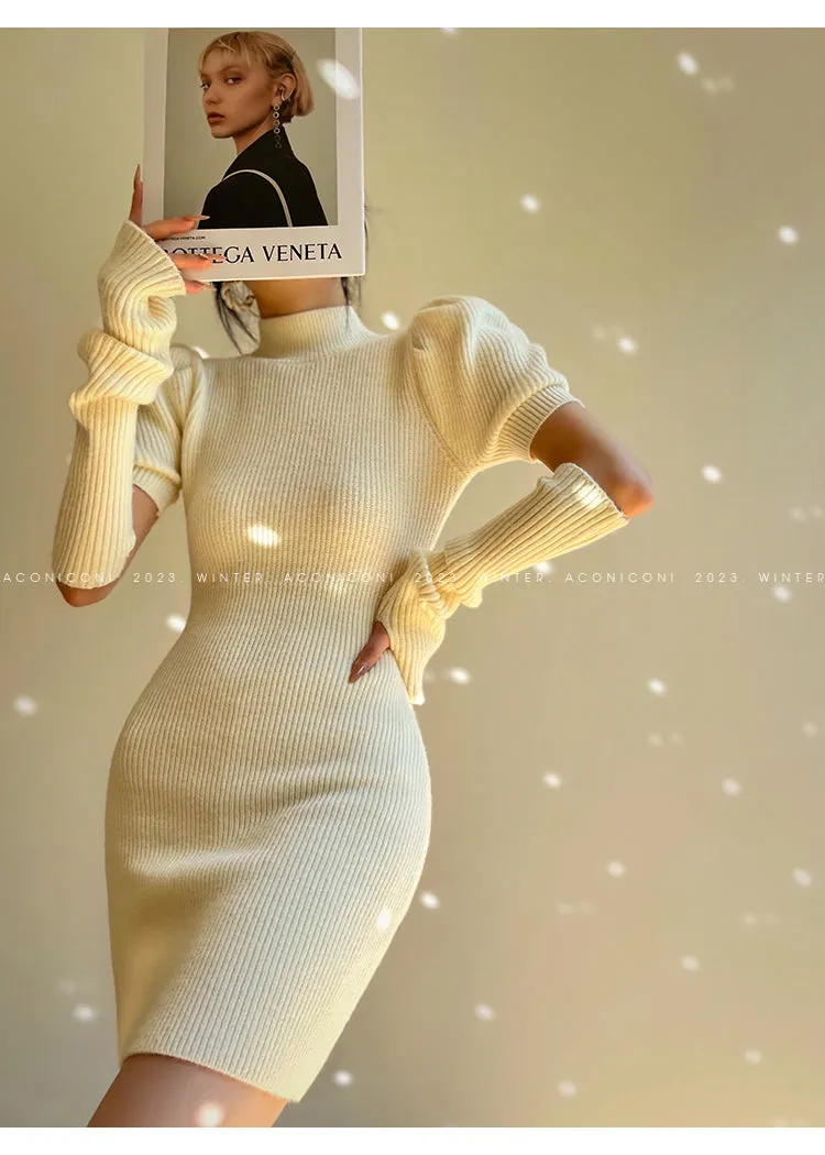 Cream milk red knitted puff sleeve sweater dress-  Mousse Milk Puff