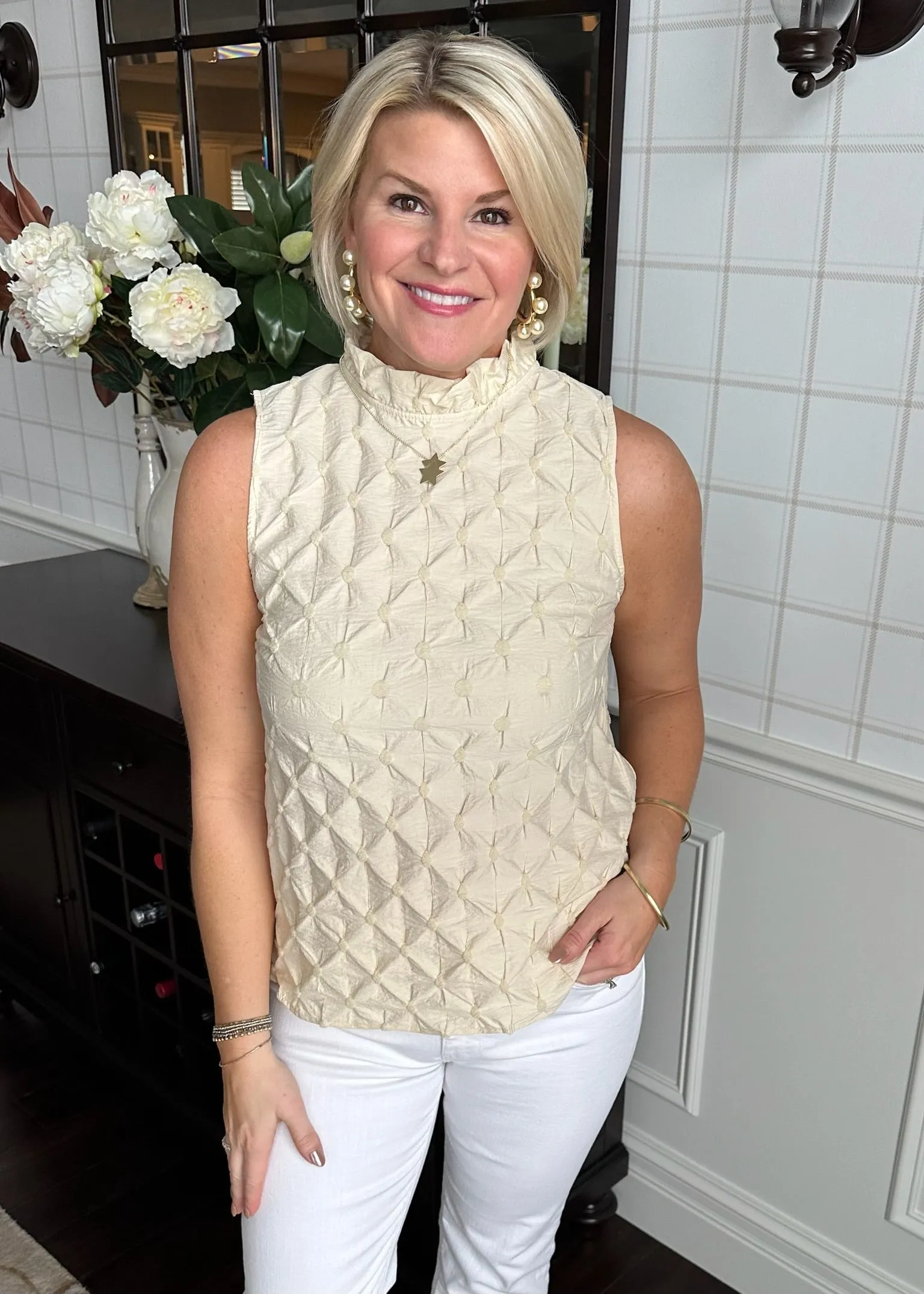 Cream Sleeveless Textured Top