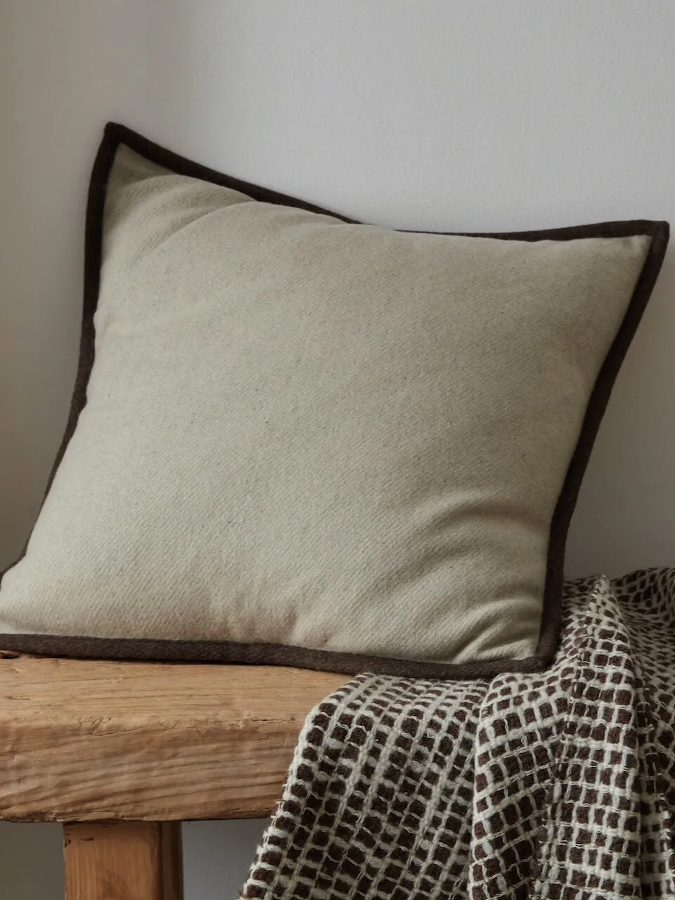 Cream Wool Cushion Cover with Brown Trim