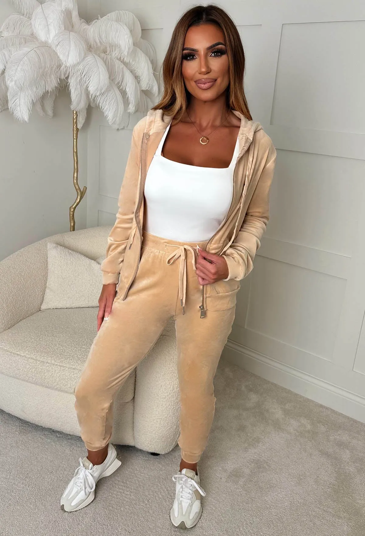 Crushing It Beige Velour Hooded Zip Up Loungewear Set