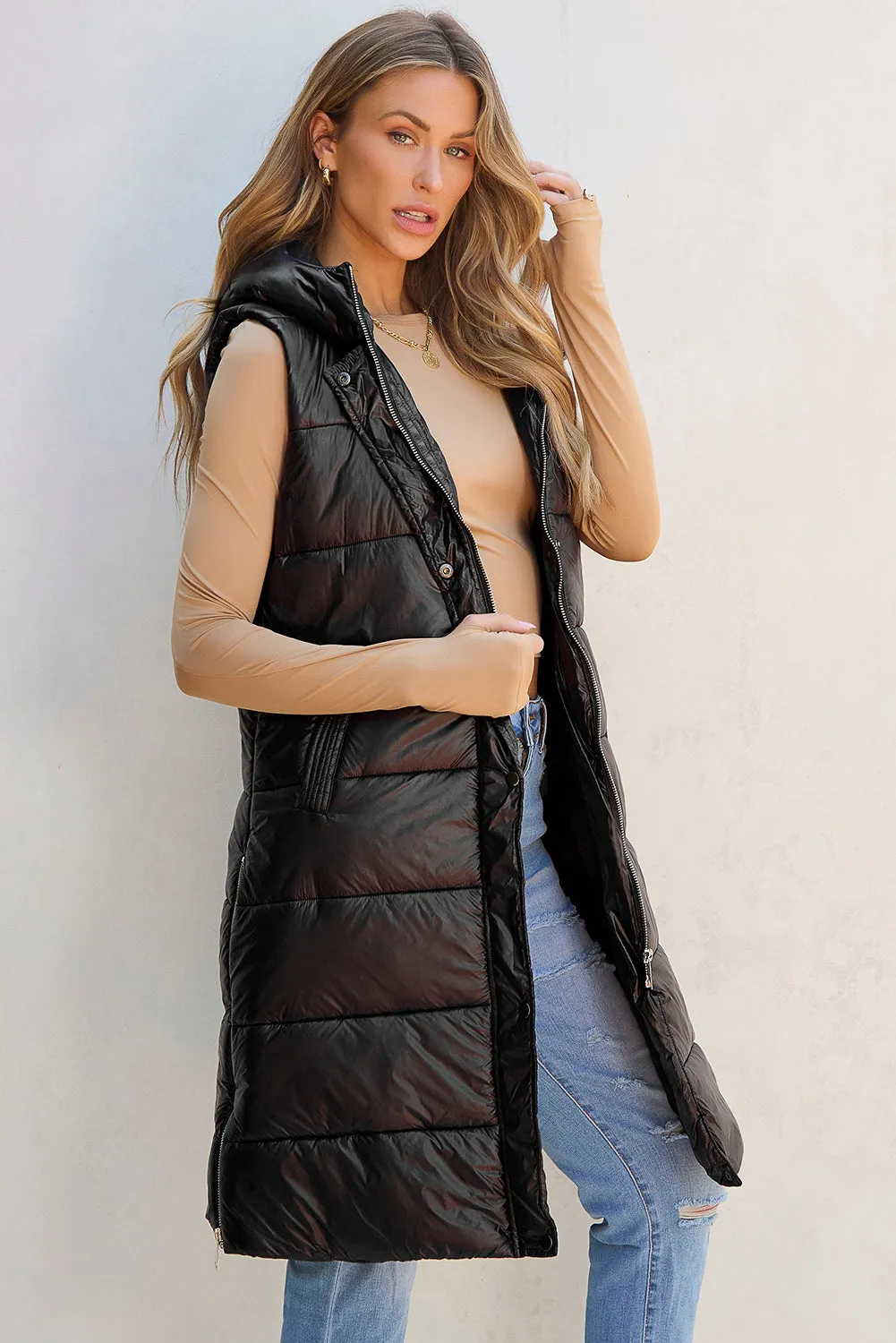 Dark Grey Hooded Long Quilted Sleeveless Coat