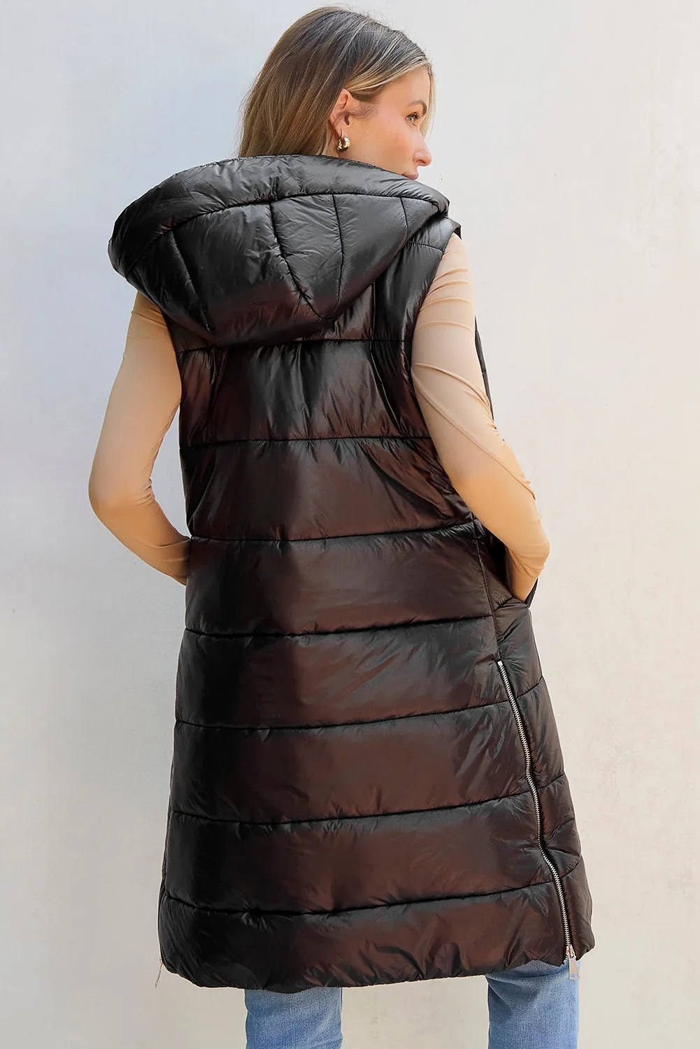 Dark Grey Hooded Long Quilted Sleeveless Coat