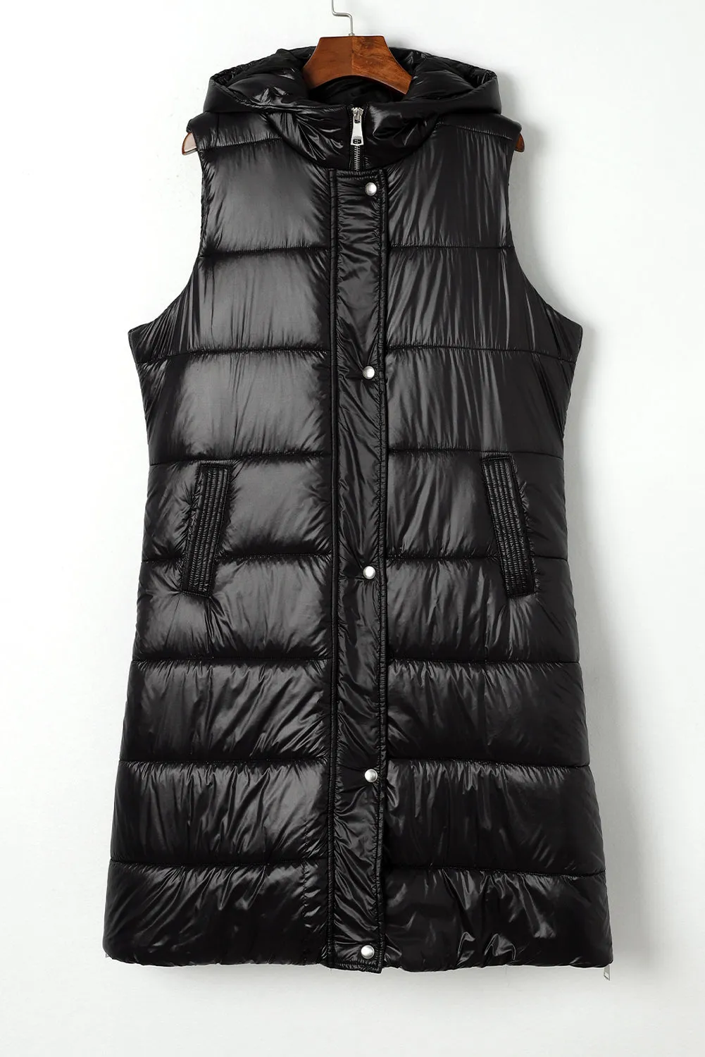 Dark Grey Hooded Long Quilted Sleeveless Coat