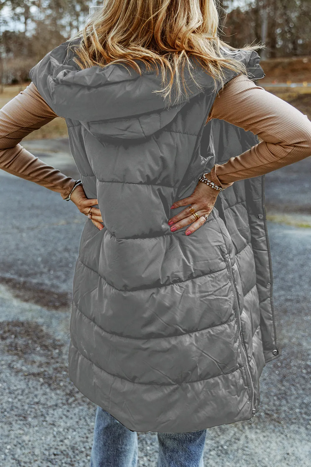 Dark Grey Hooded Long Quilted Sleeveless Coat