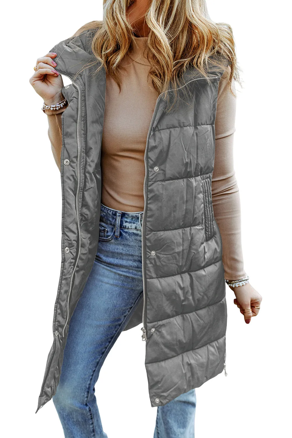 Dark Grey Hooded Long Quilted Sleeveless Coat