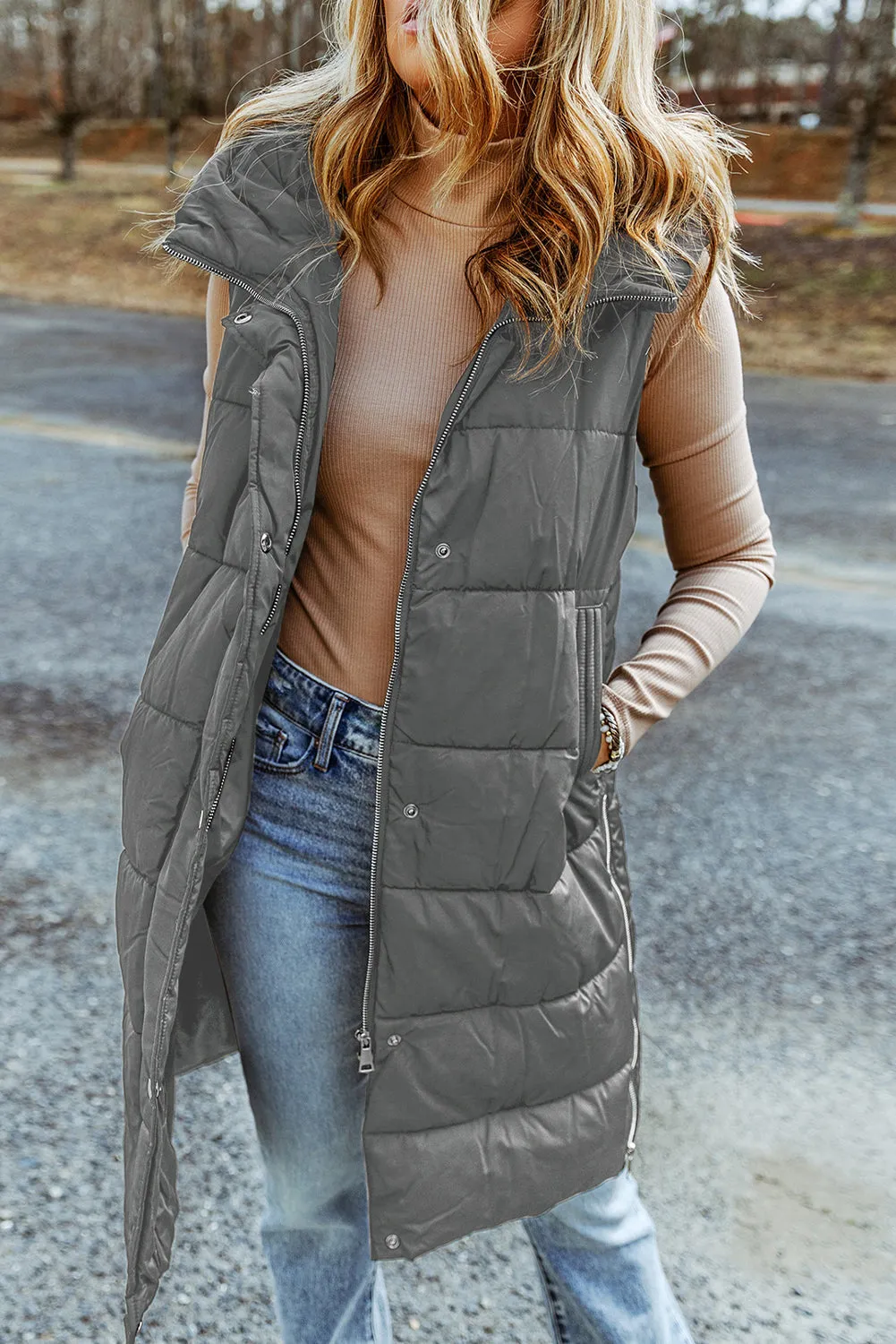 Dark Grey Hooded Long Quilted Sleeveless Coat