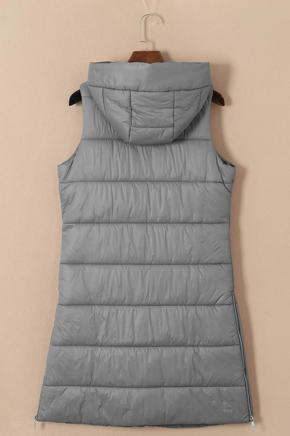 Dark Grey Hooded Long Quilted Sleeveless Coat