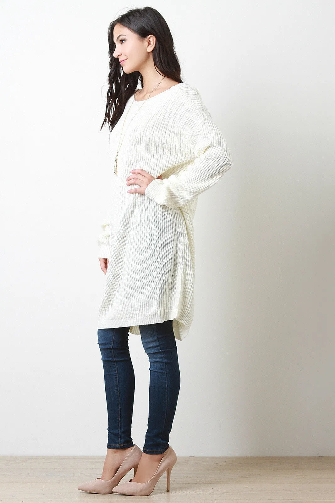 Deep Back V-Neck Long Sleeves Sweater Dress