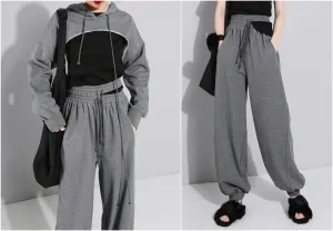 Elastic Double High Waist Trousers and Crop Top for Women Pants Lace up Sweatpants / Hip Hop Jogger - women set 2 pcs