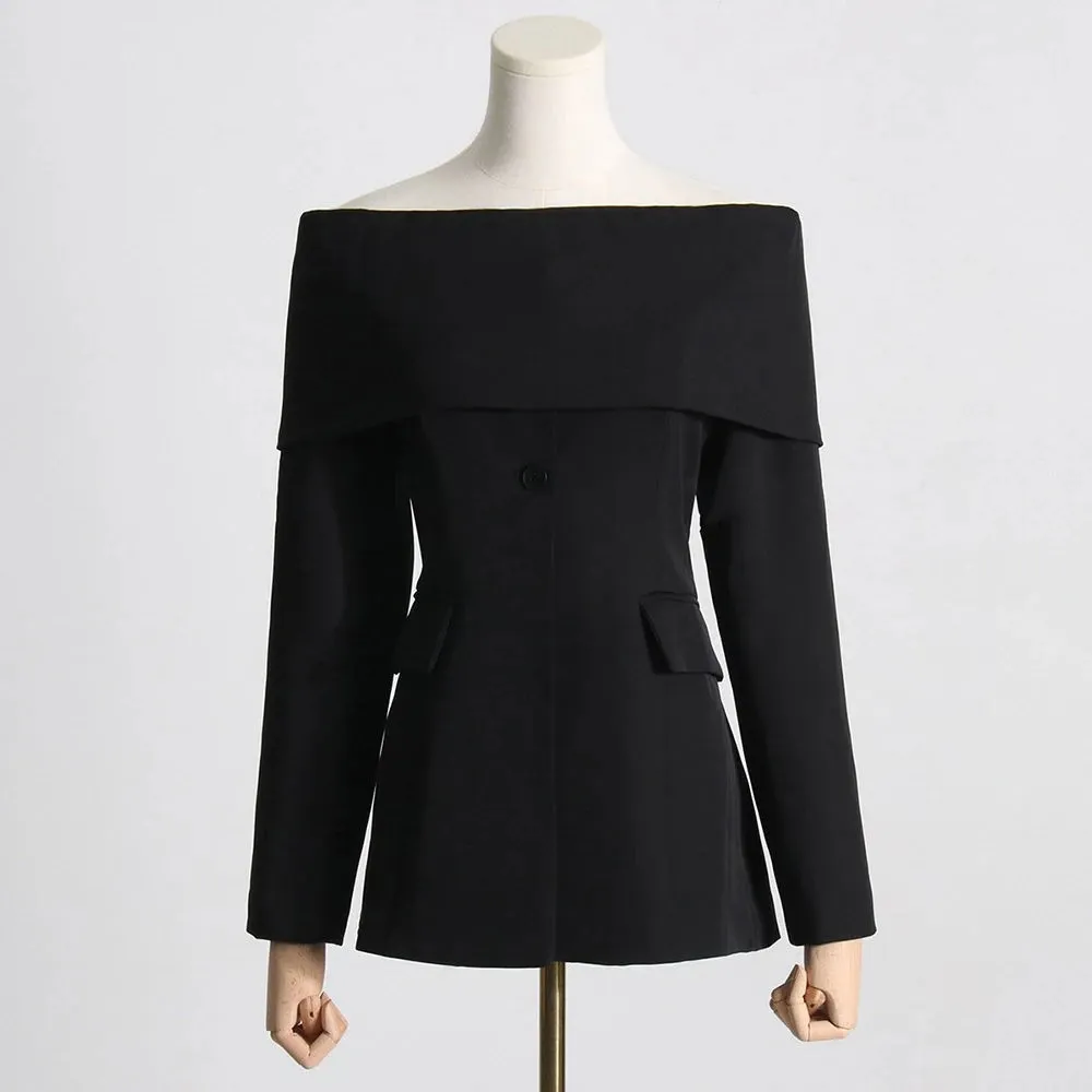 Elegant Solid Backless Tunic Blazers For Women Slash Neck Off Shoulder Sleeve Spliced Button Temperament Blazer Female New