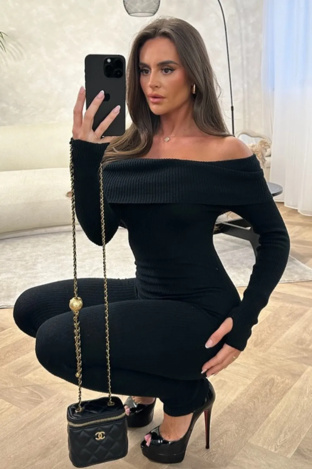 Elianna black off the shoulder rib knit jumpsuit