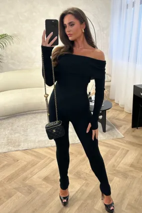 Elianna black off the shoulder rib knit jumpsuit