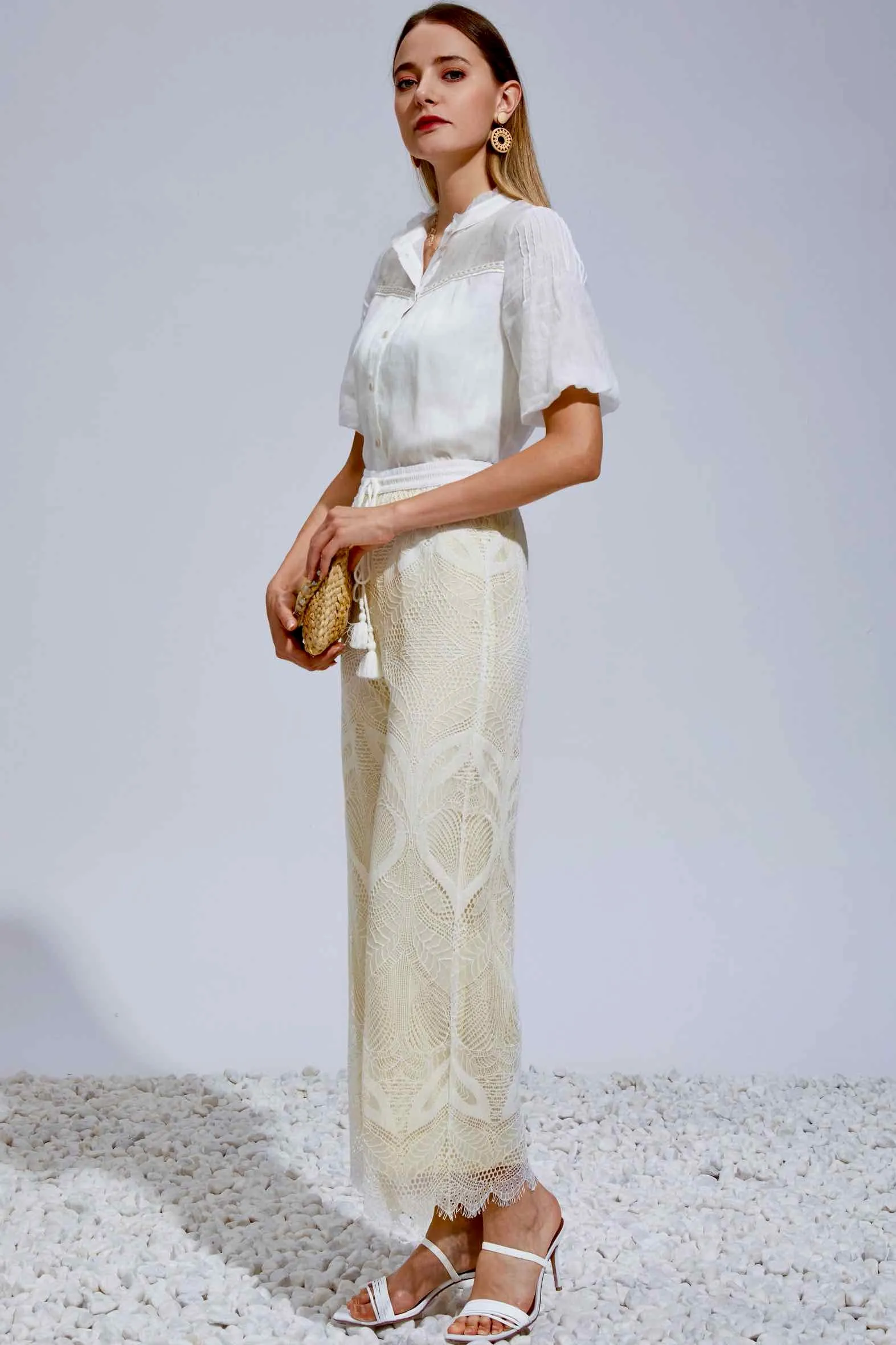 Ella Lace Pants - Cream/White