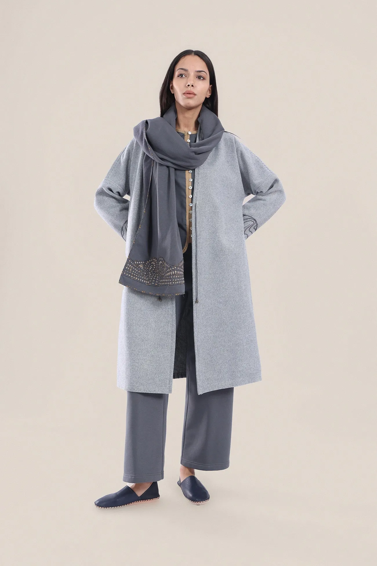 Embroidered short coat in wool blend