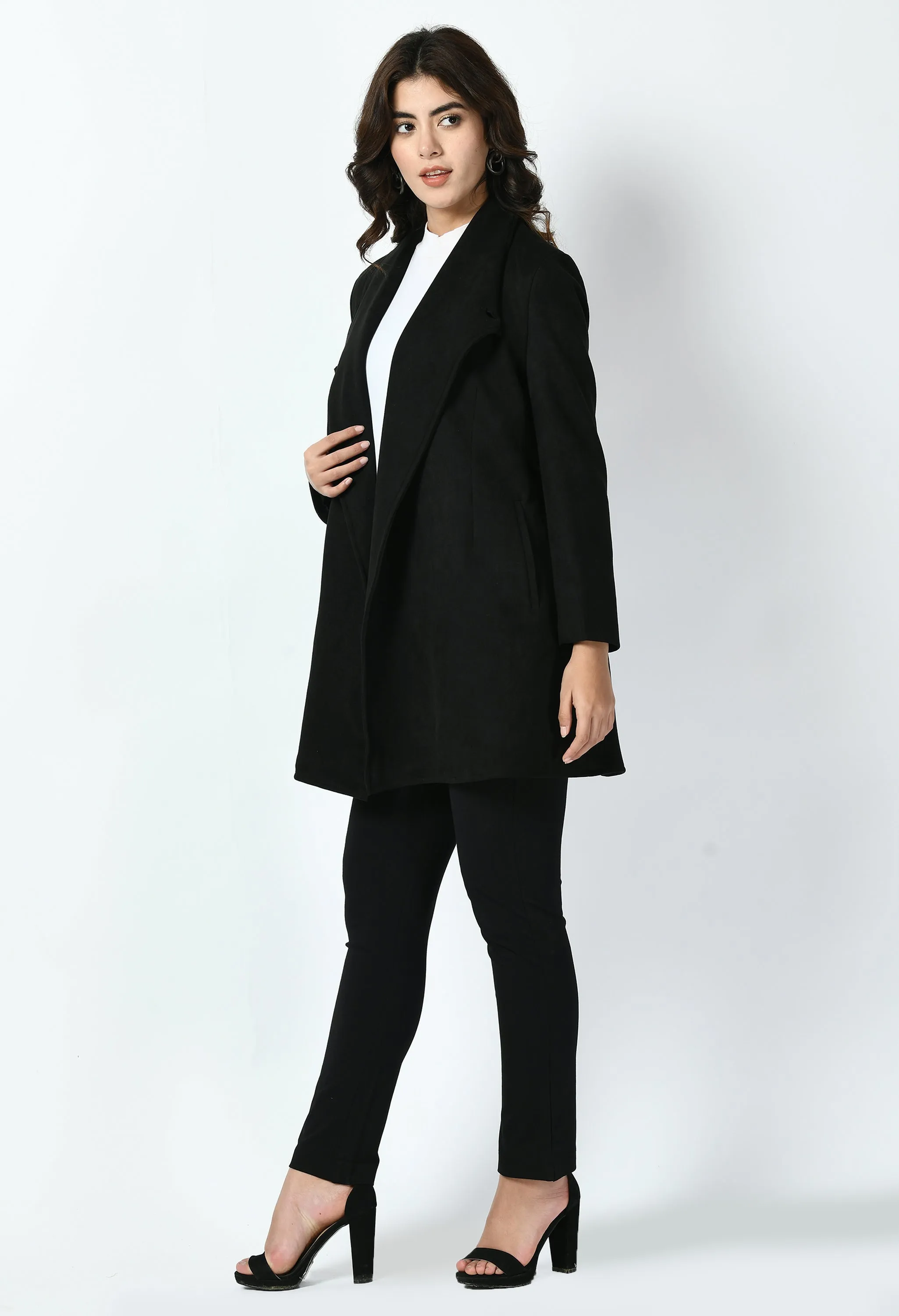 Exude Spark Suede Leather Medium Wrap Coat (Black)