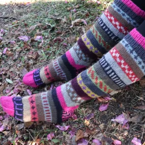 Fair Trade Ethical Long Patterned Wool Socks in Pink, Purple, yellow