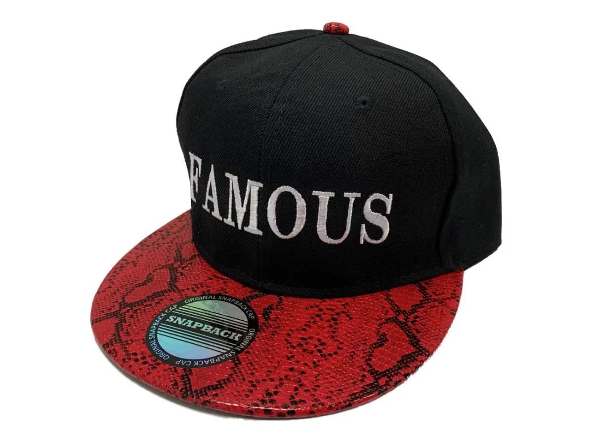 Famous XM Black & Red Faux Snakeskin Structured Adj. Snapback Flat Bill Hat Cap