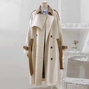 Fashion Streetwear Long Trench Coat For Women Lapel Double Breasted Color Block Belt Windbreaker Female Clothing