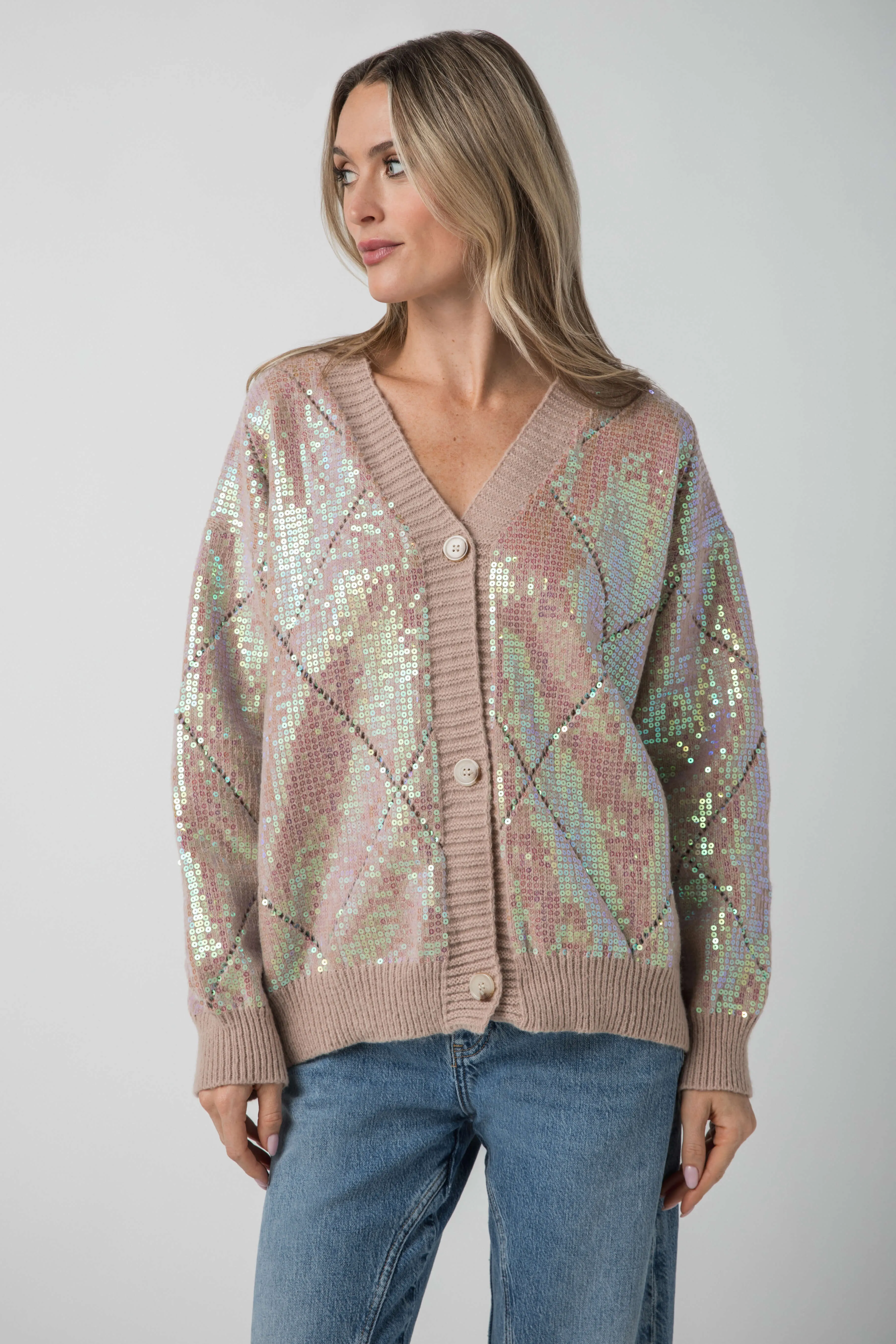 Fate Front Button Closure Sequin Cardigan