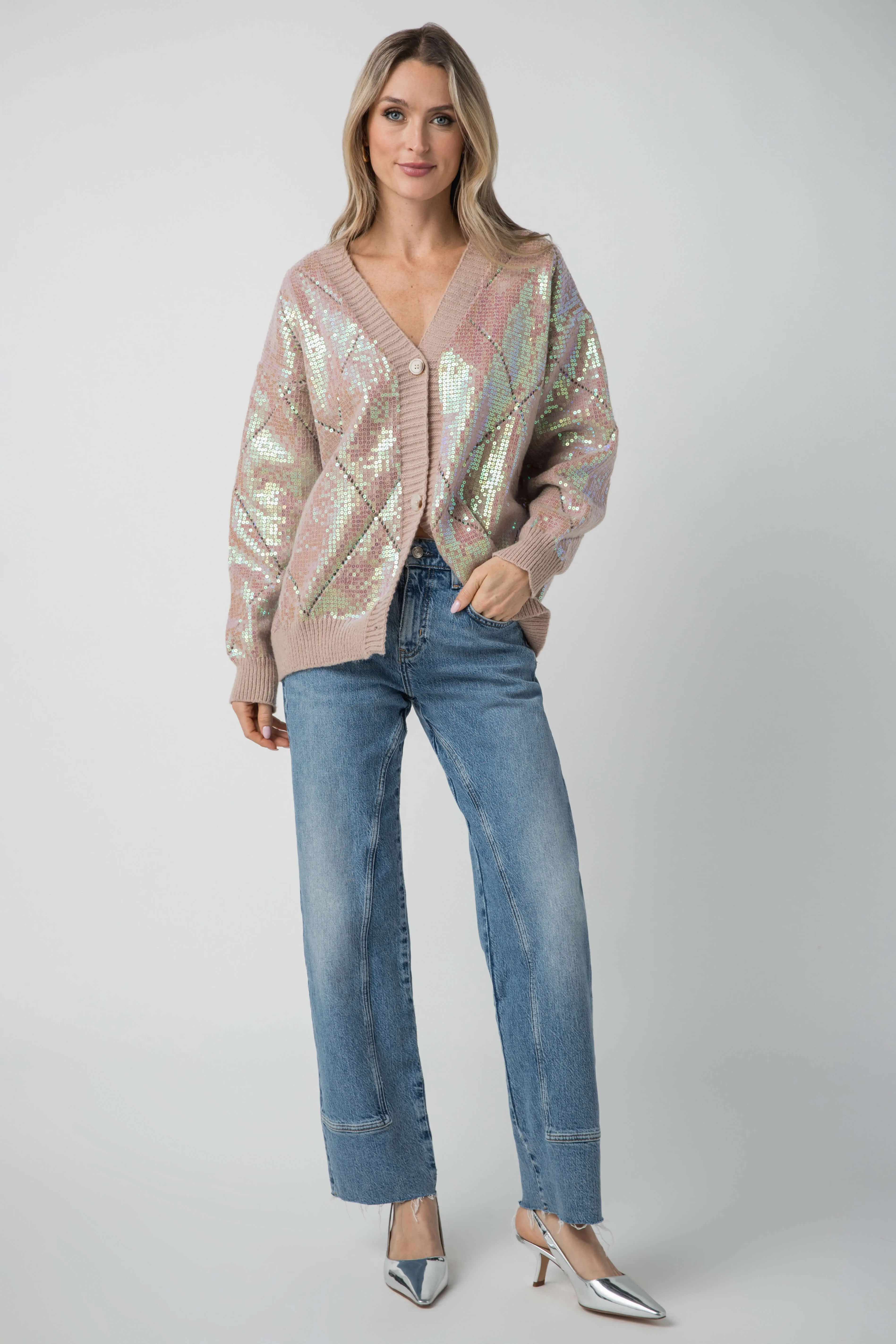 Fate Front Button Closure Sequin Cardigan