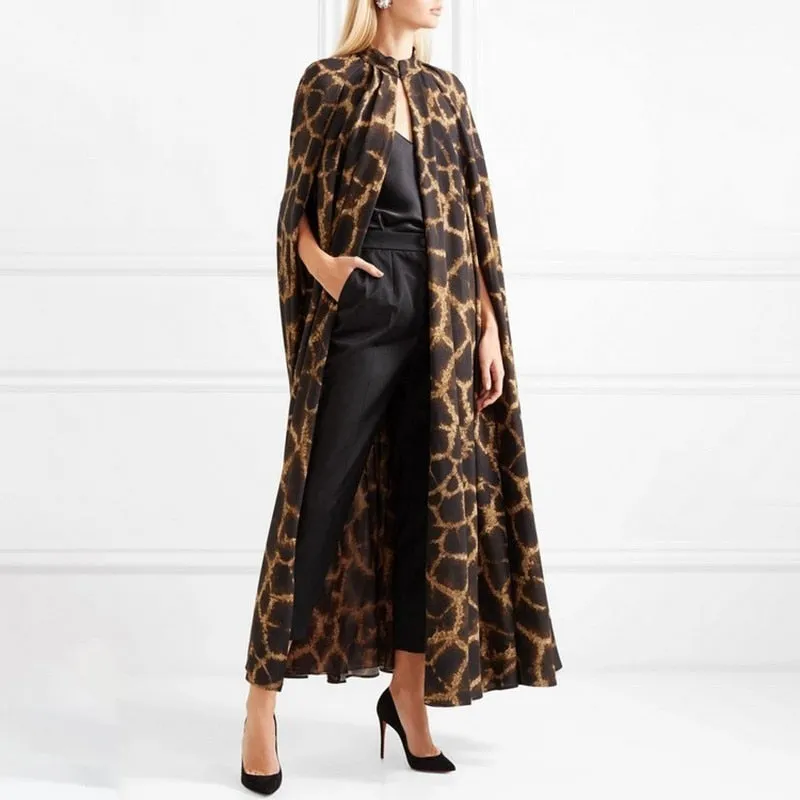 Female Cardigan Coat O Neck Cloak Sleeve Print Leopard Maxi Cloaks For Women Autumn Vintage Fashion