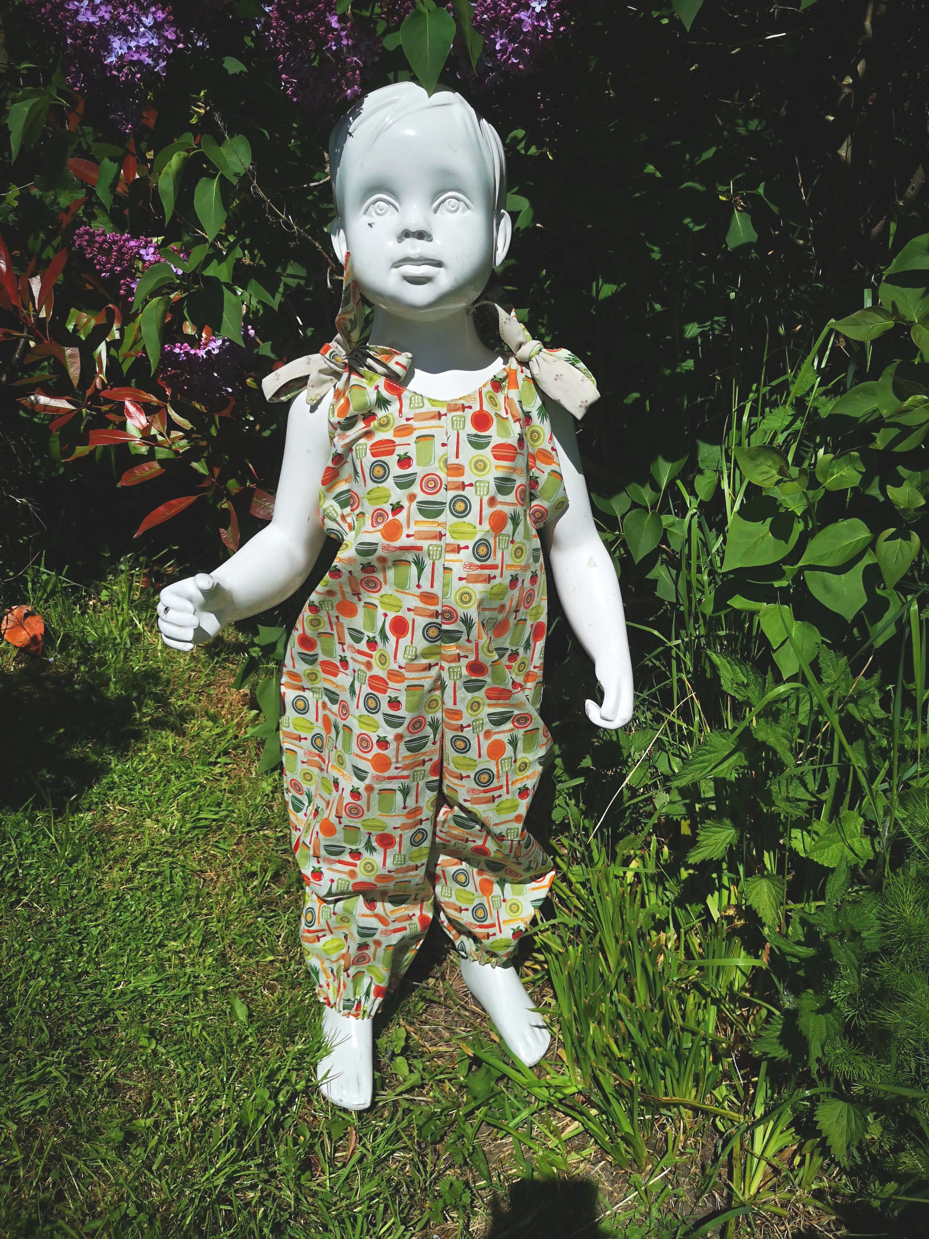 Festival, hippy feeling child's play suit, jump suit, dungarees, "Kitchen Garden"