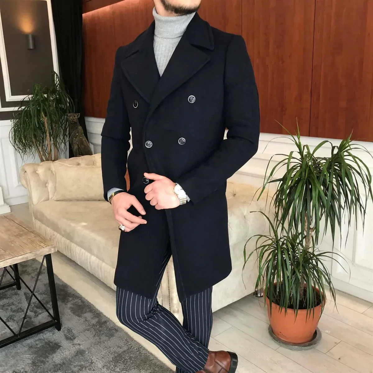 Frost Slim Fit Dark Blue Double Breasted Wool Coat by ITALIAN VEGA®