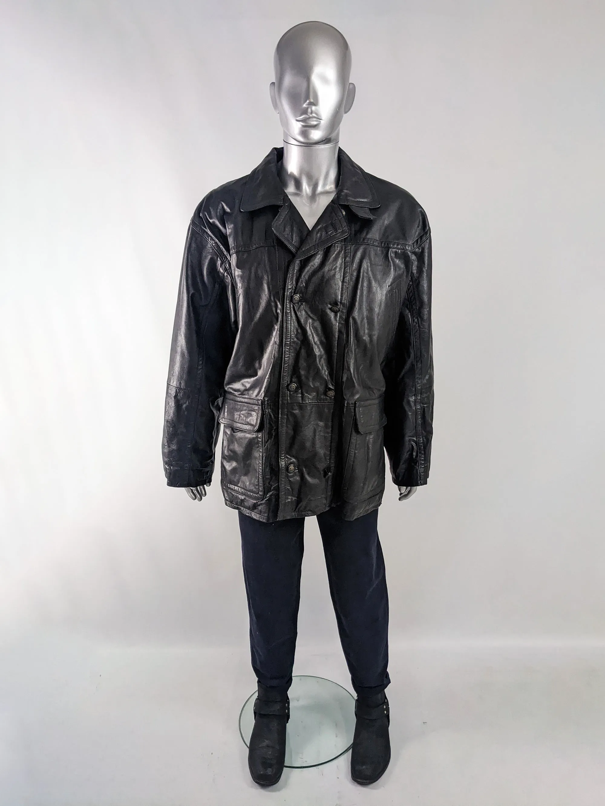 Gavin Brown Mens Vintage Black Leather Double Breasted Coat, 1980s