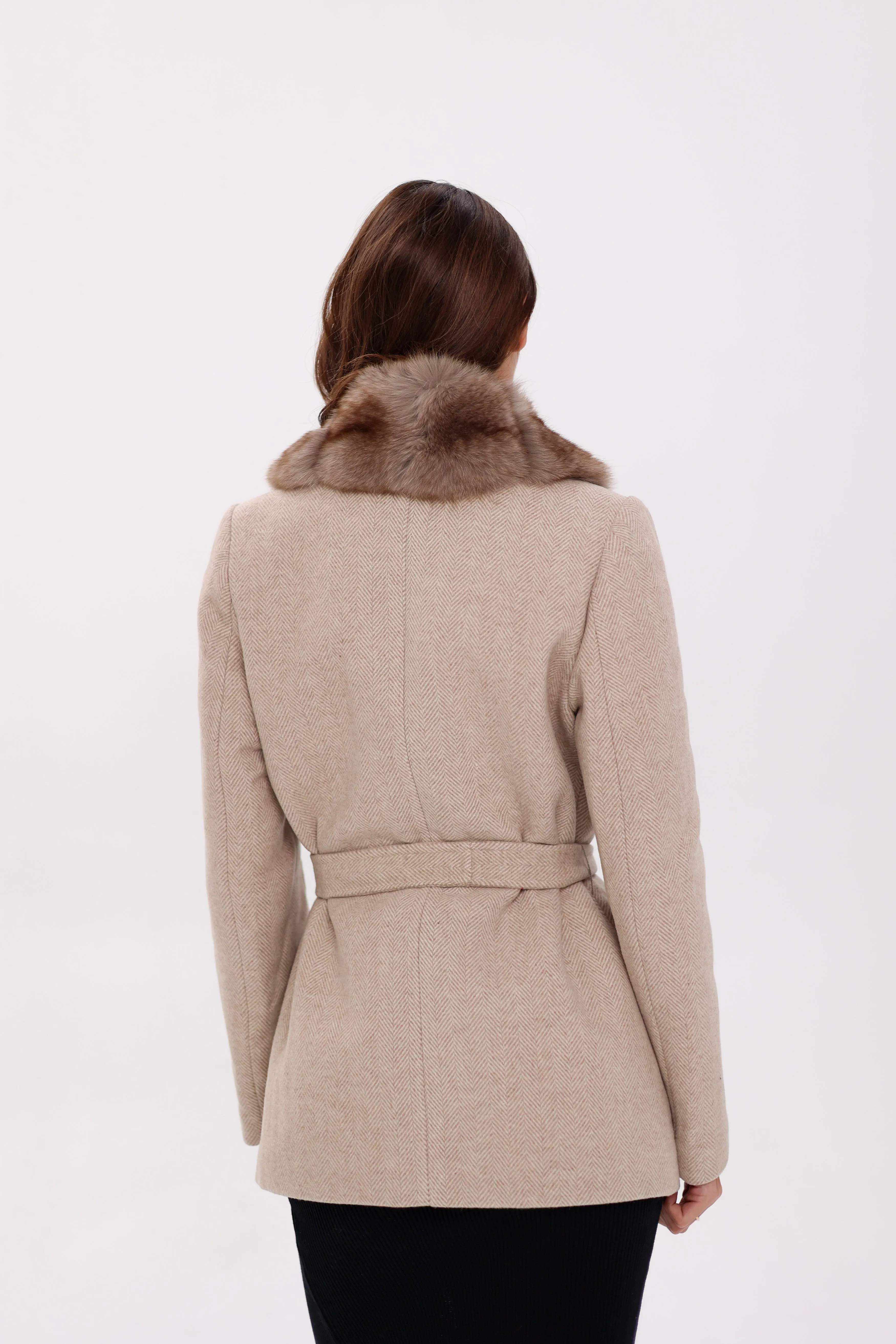 Genuine Polar Fox Fur Virgin Wool Coat in Nude