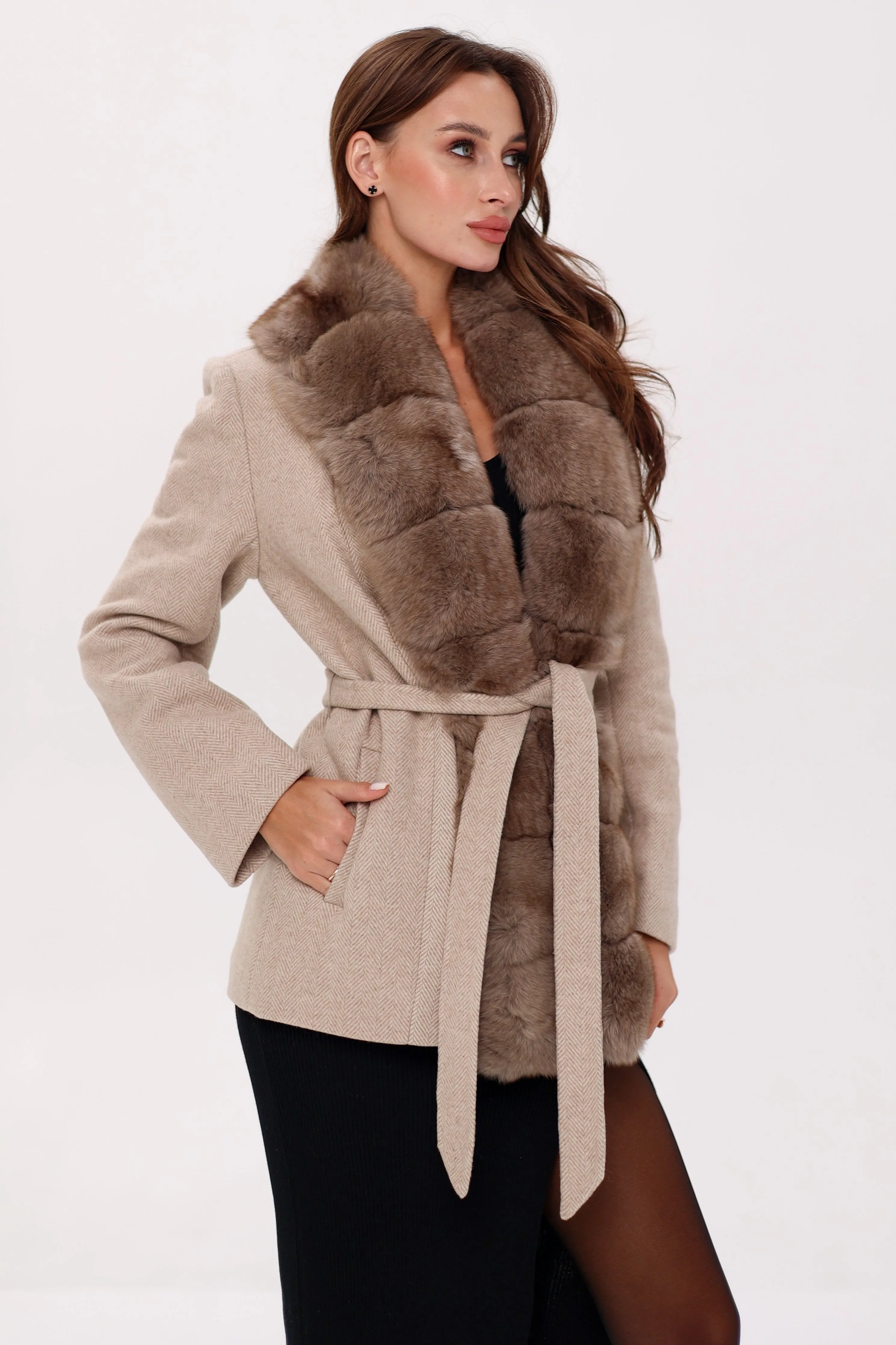 Genuine Polar Fox Fur Virgin Wool Coat in Nude