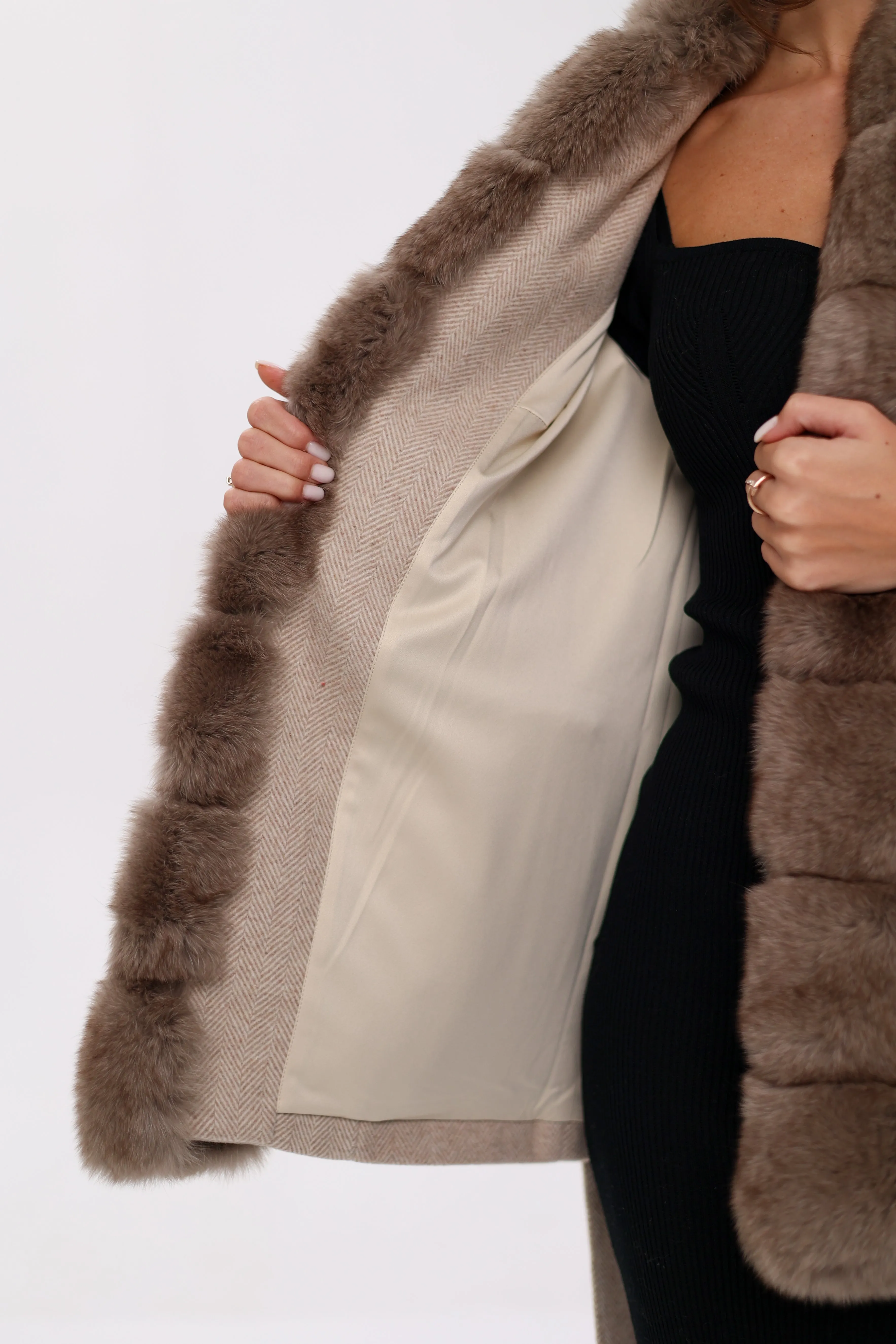 Genuine Polar Fox Fur Virgin Wool Coat in Nude