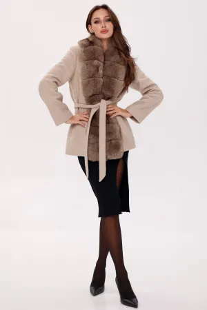 Genuine Polar Fox Fur Virgin Wool Coat in Nude