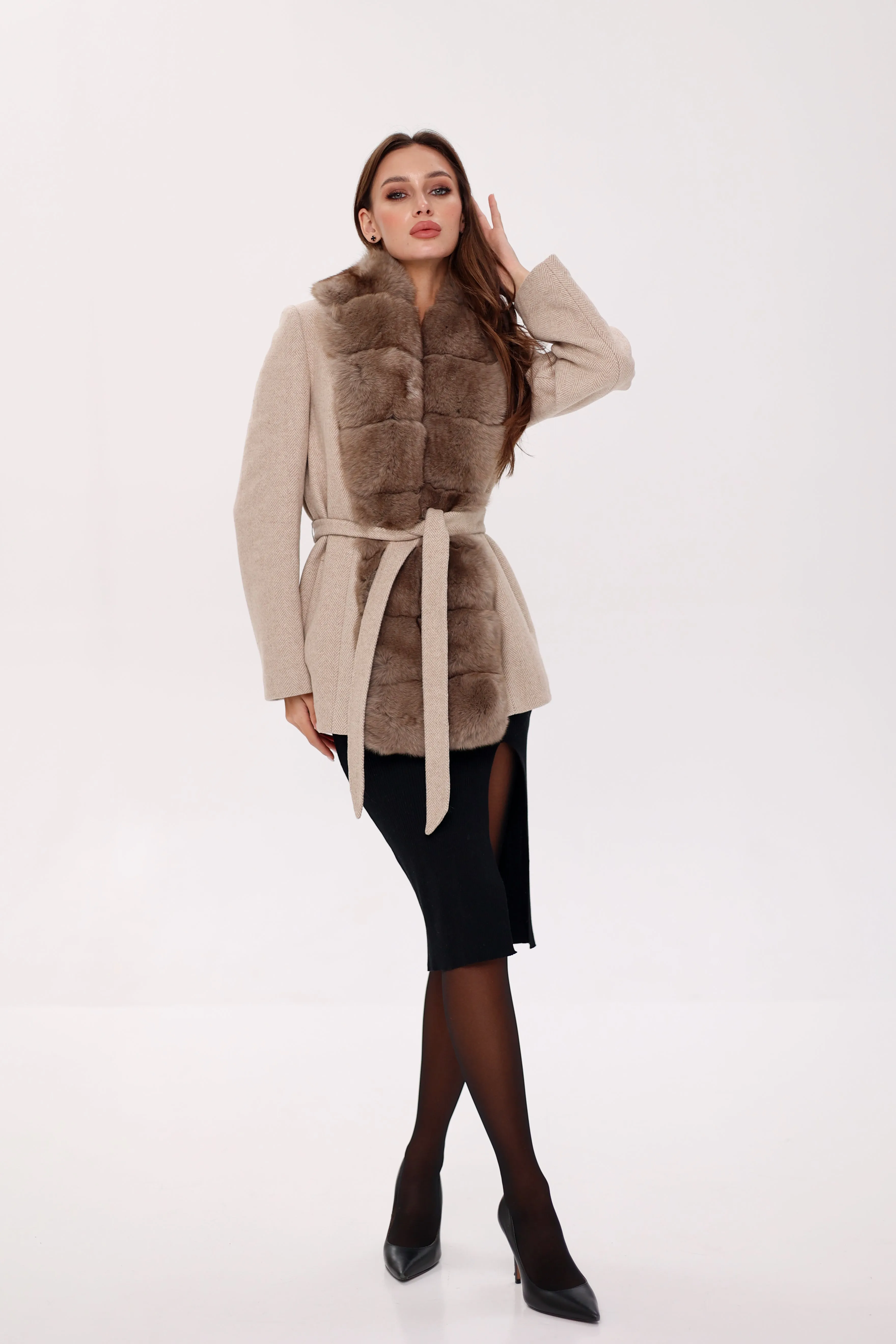 Genuine Polar Fox Fur Virgin Wool Coat in Nude