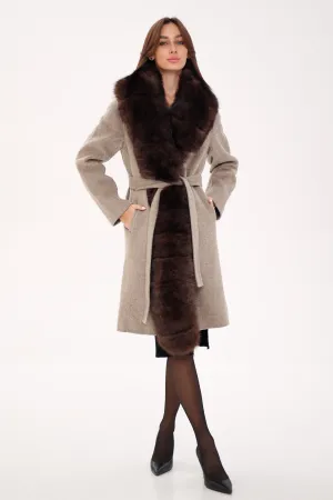 Genuine Polar Fox Fur Virgin Wool Coat