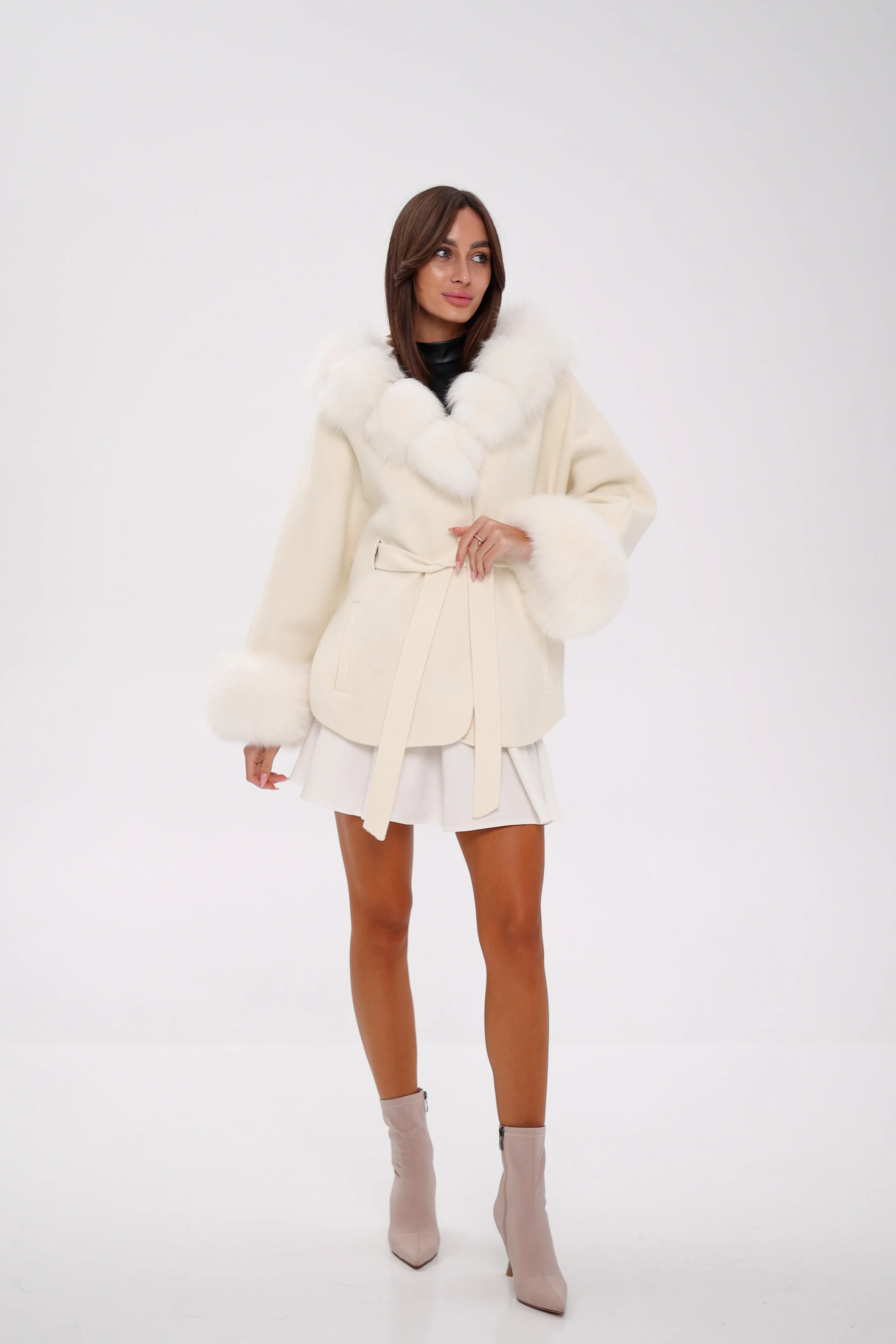 Genuine Polar Fox Fur Wool Hooded Coat