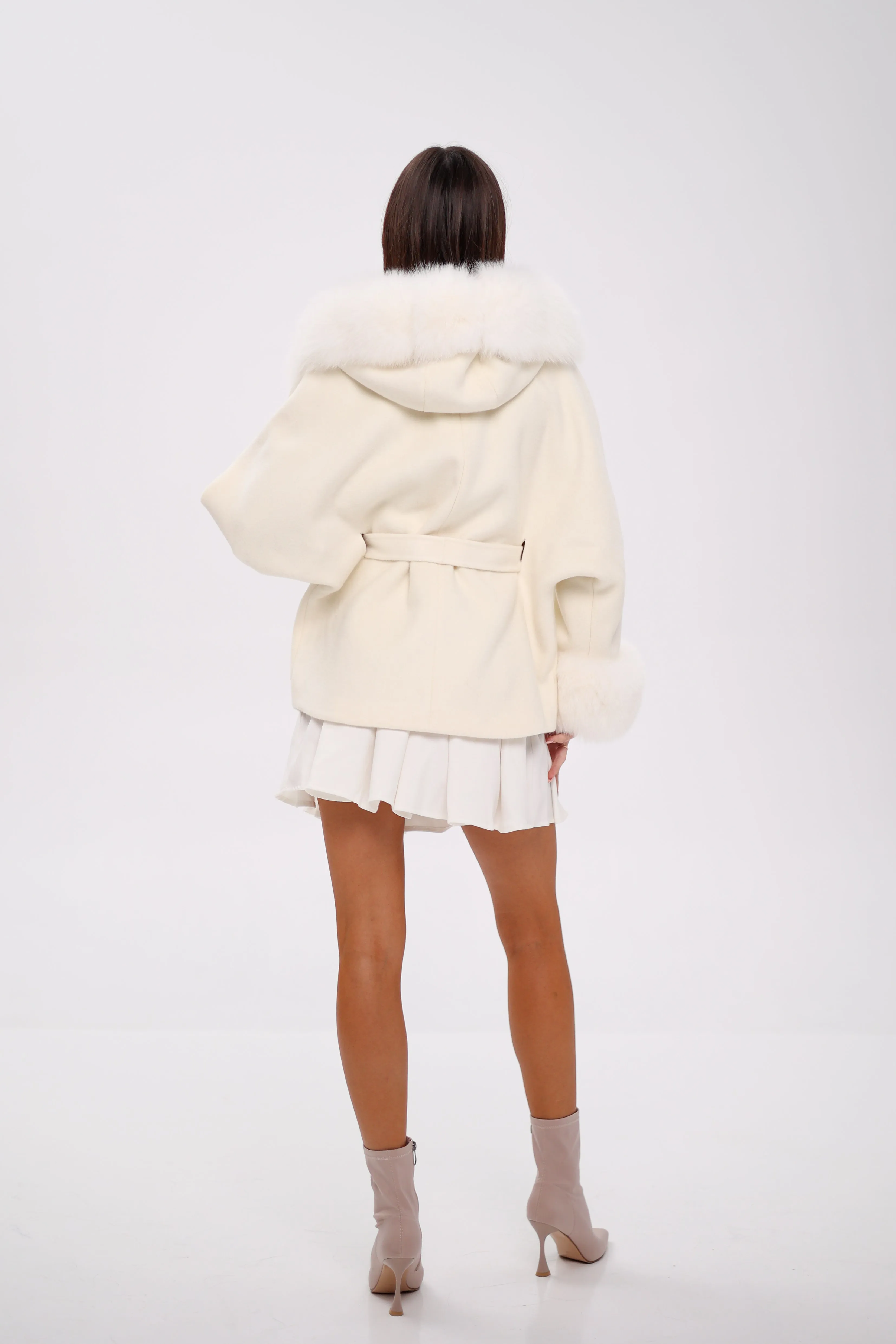 Genuine Polar Fox Fur Wool Hooded Coat