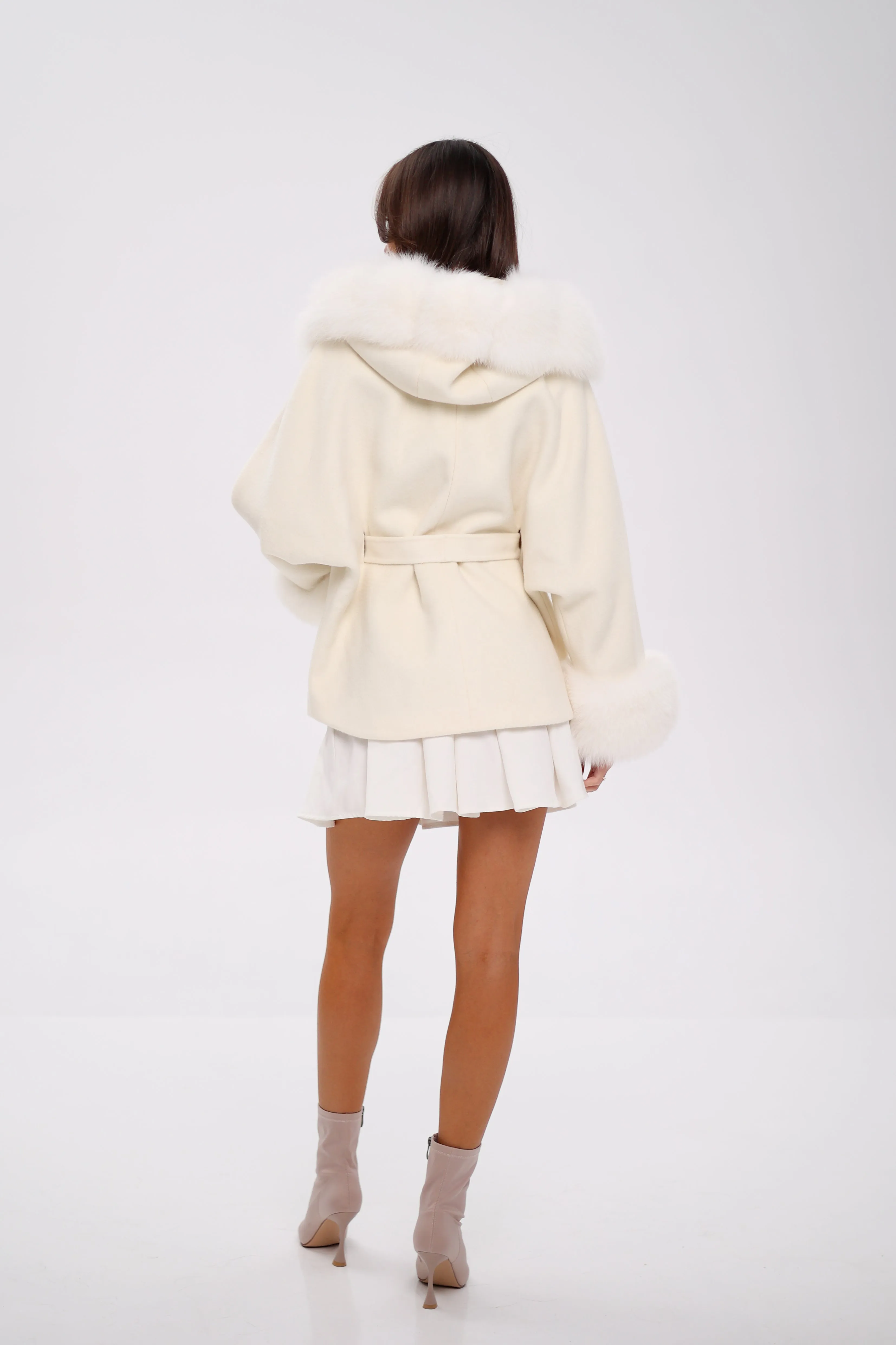 Genuine Polar Fox Fur Wool Hooded Coat