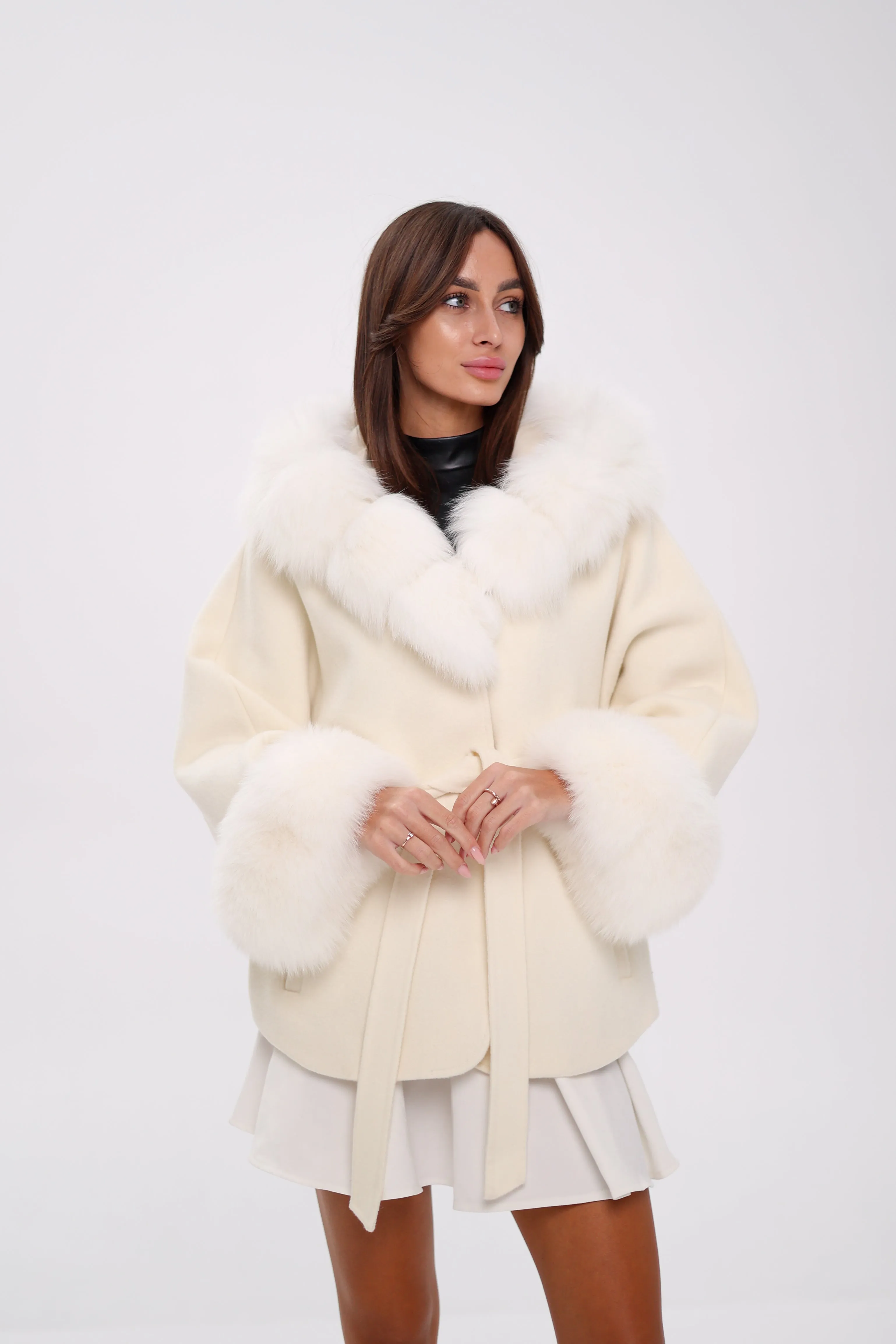 Genuine Polar Fox Fur Wool Hooded Coat