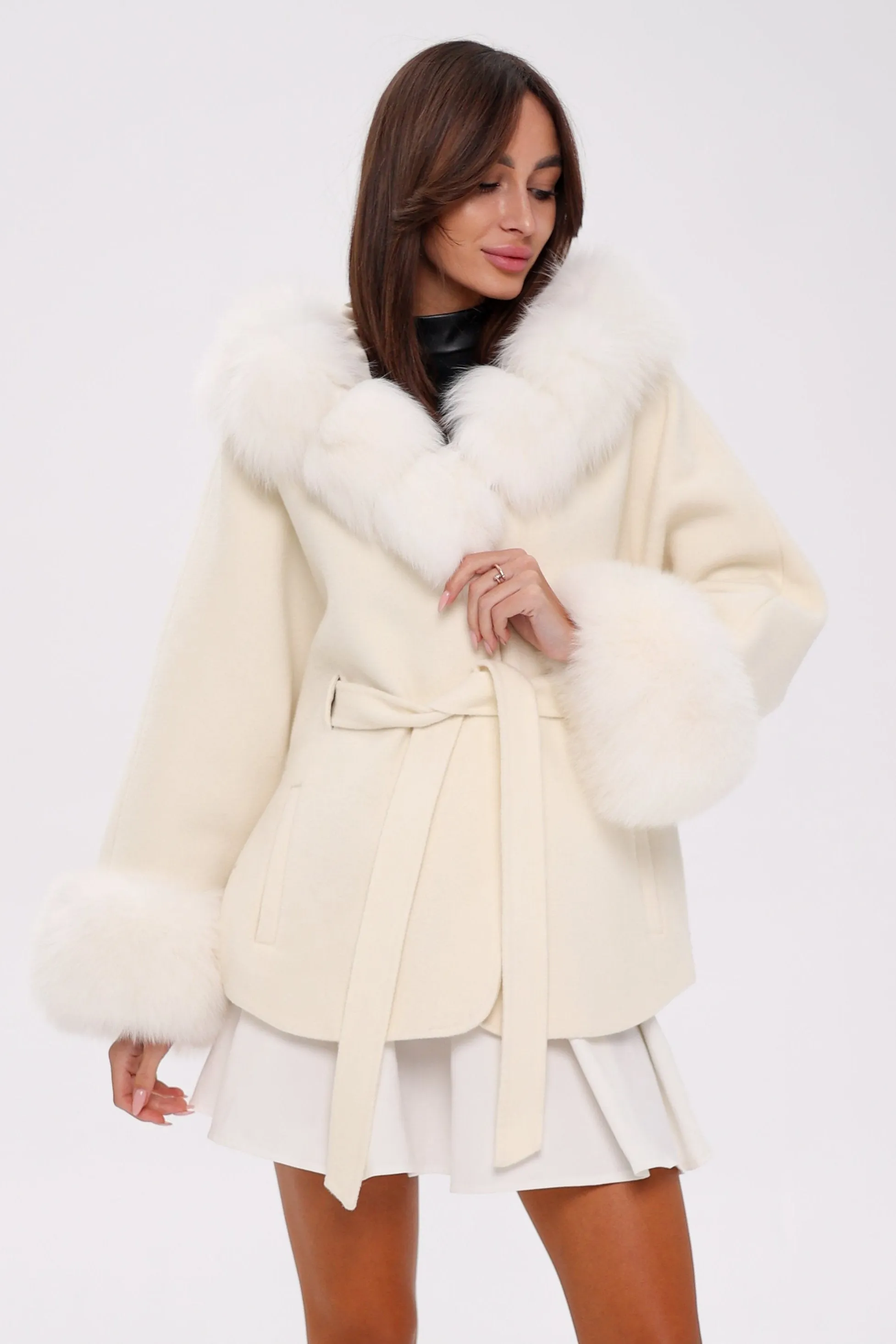 Genuine Polar Fox Fur Wool Hooded Coat