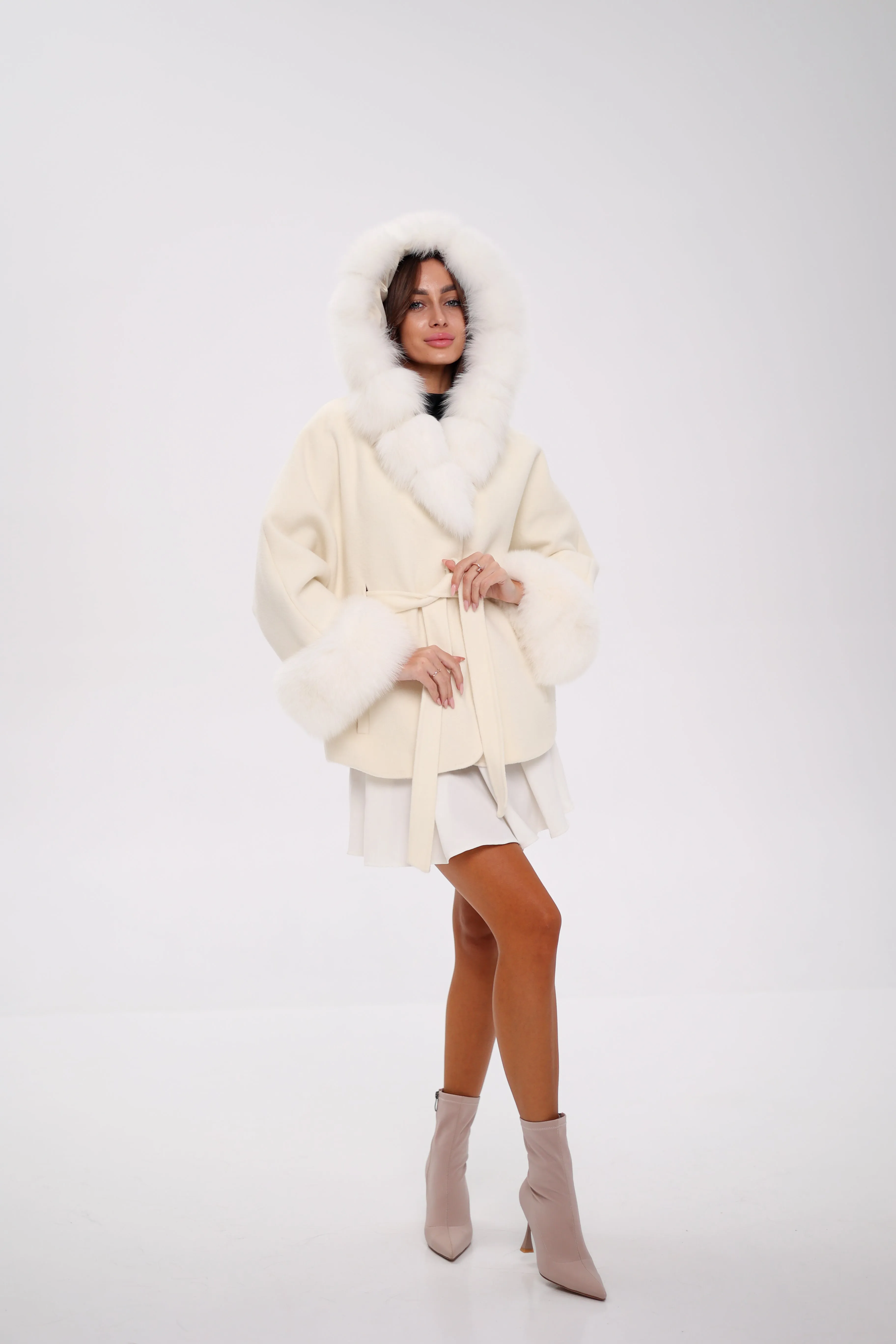 Genuine Polar Fox Fur Wool Hooded Coat