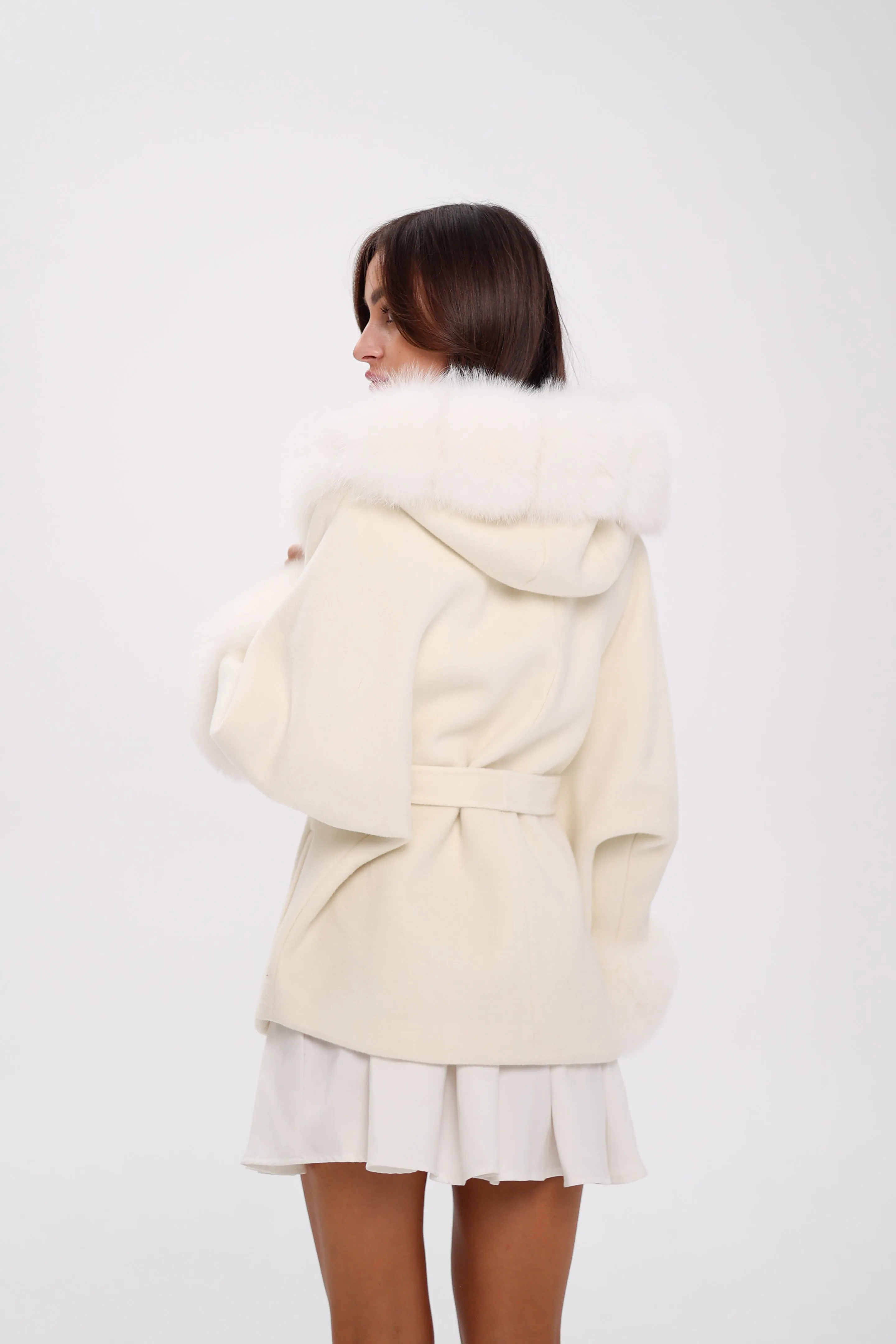 Genuine Polar Fox Fur Wool Hooded Coat