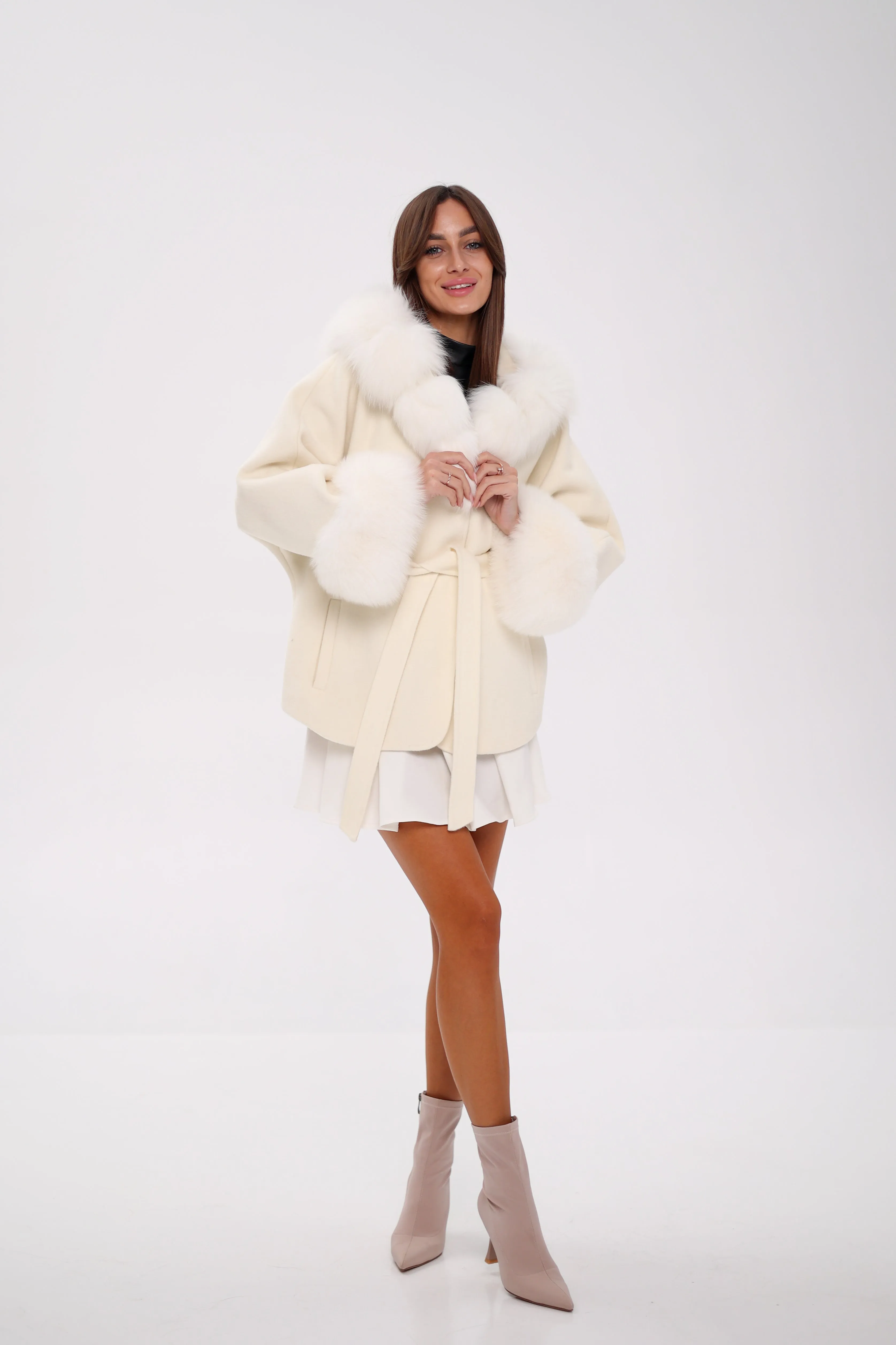 Genuine Polar Fox Fur Wool Hooded Coat