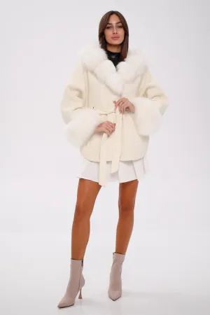 Genuine Polar Fox Fur Wool Hooded Coat