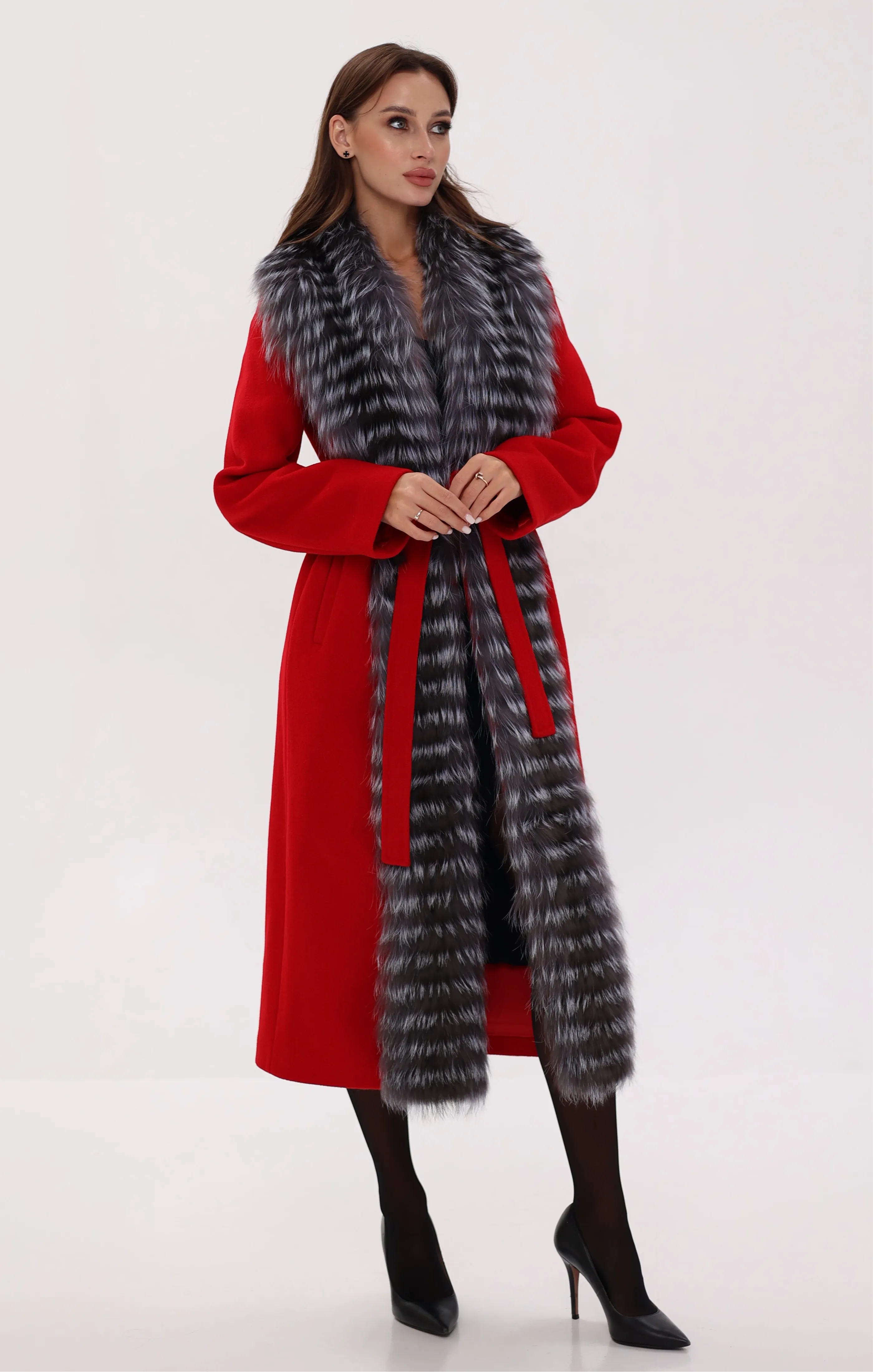 Genuine Silver Fox Virgin Wool Wrap Coat in Red