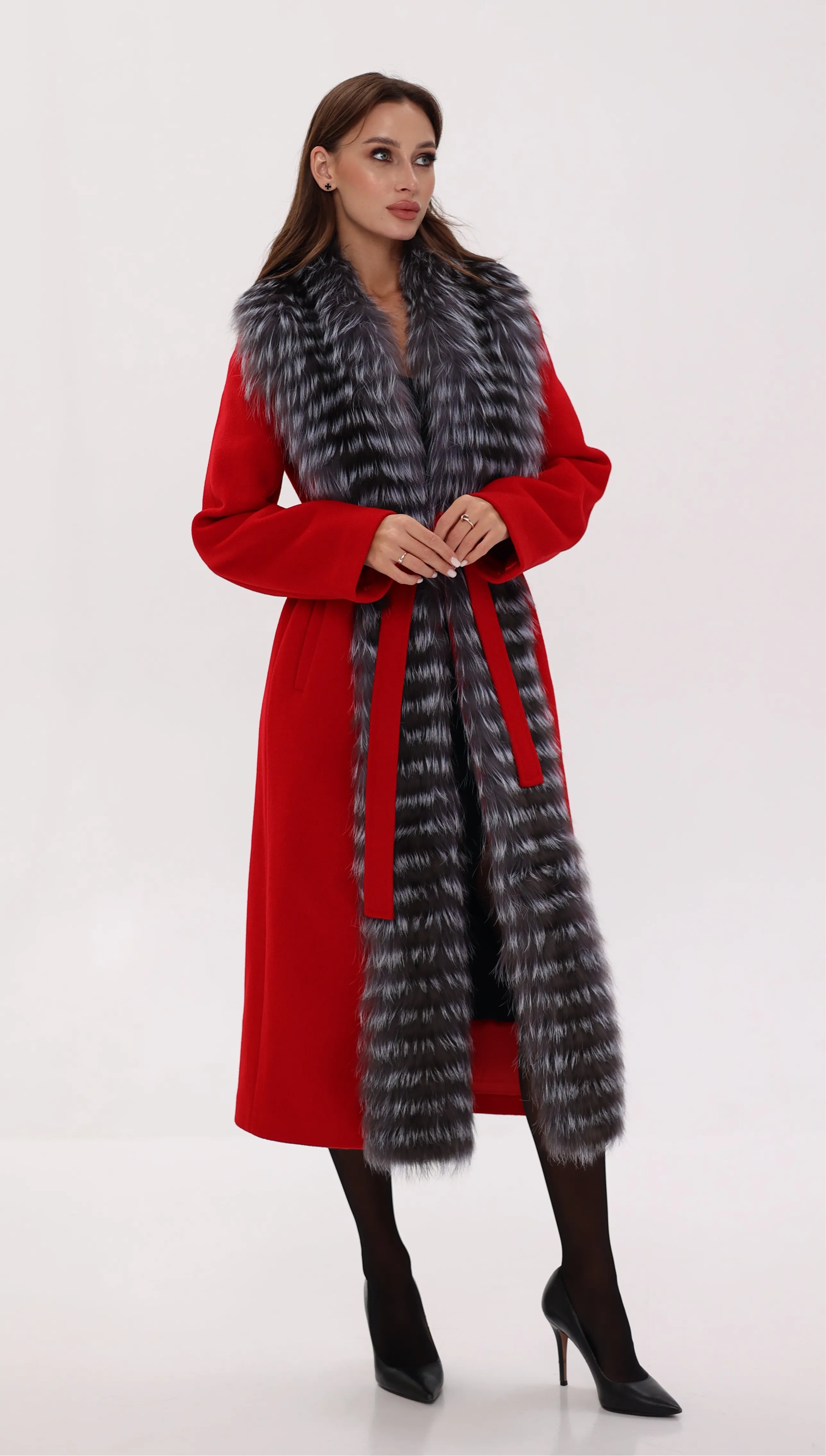 Genuine Silver Fox Virgin Wool Wrap Coat in Red