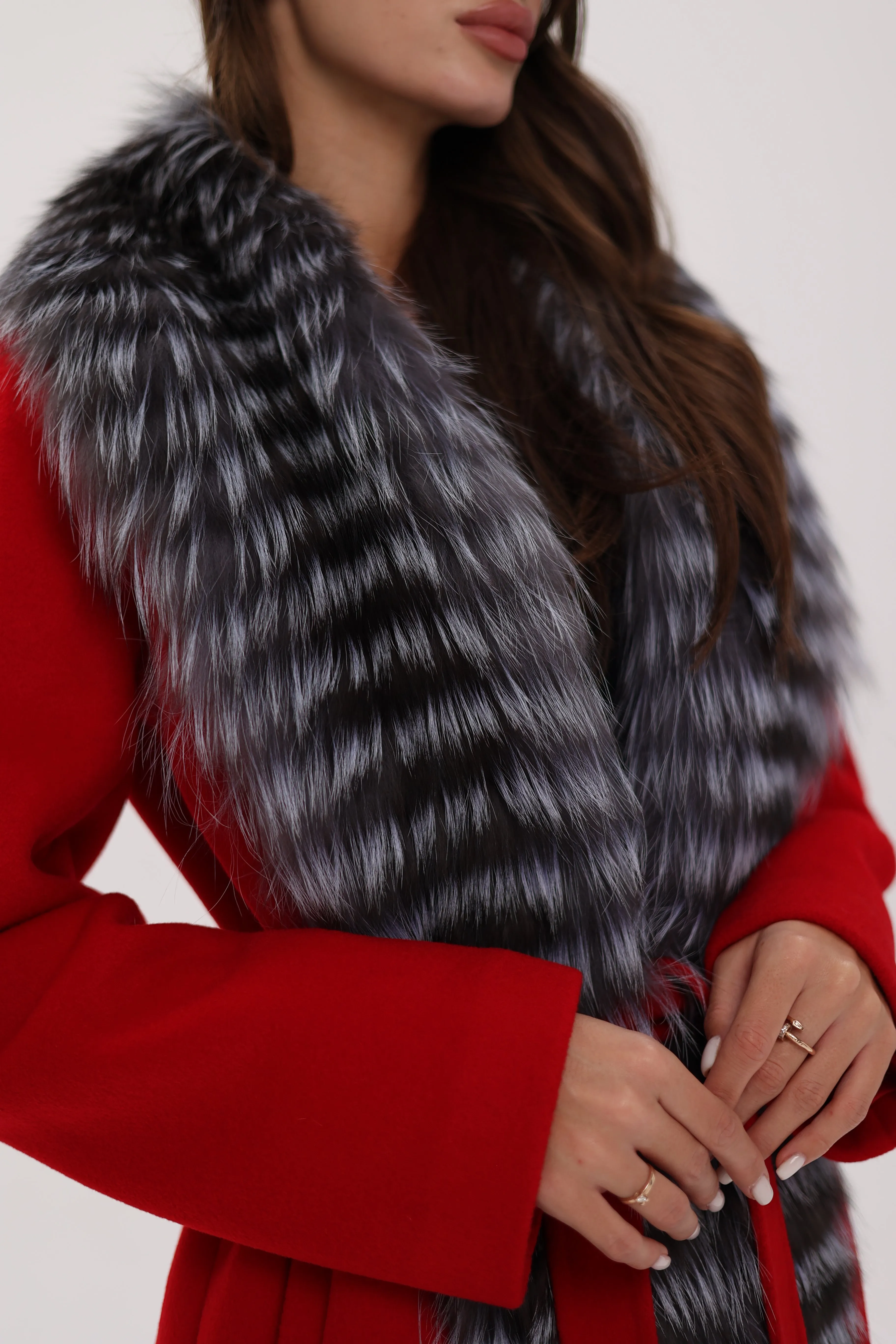 Genuine Silver Fox Virgin Wool Wrap Coat in Red