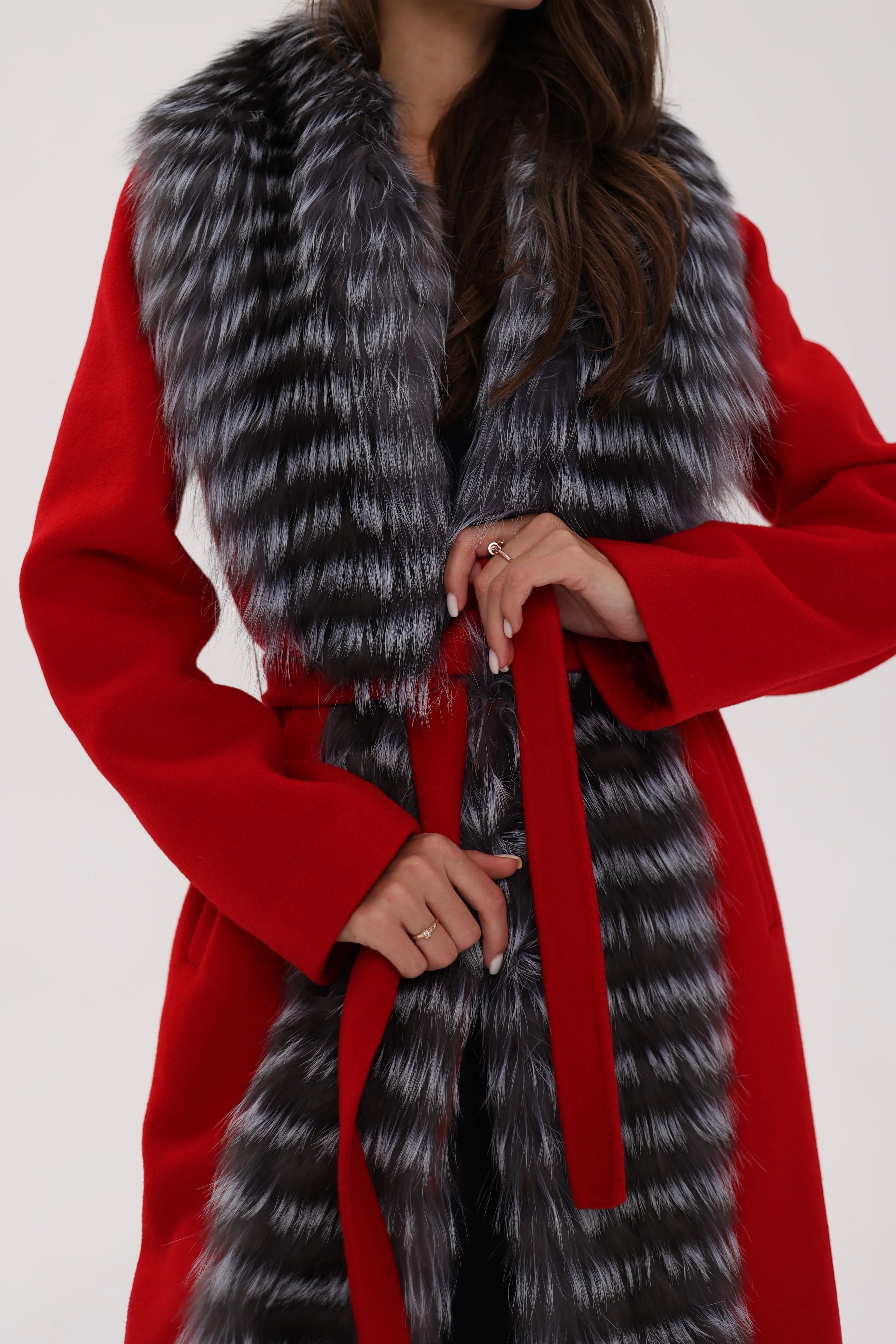 Genuine Silver Fox Virgin Wool Wrap Coat in Red