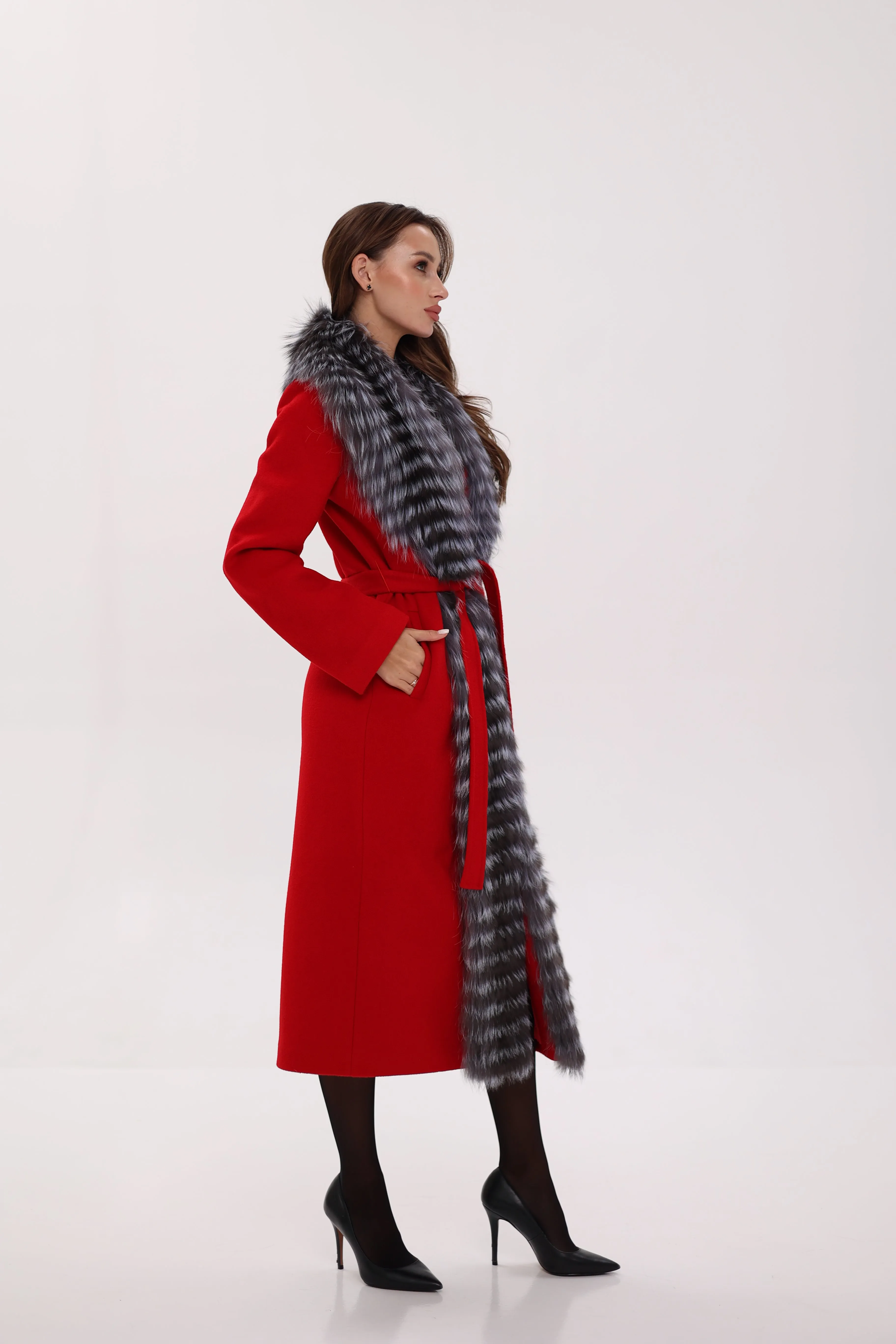 Genuine Silver Fox Virgin Wool Wrap Coat in Red