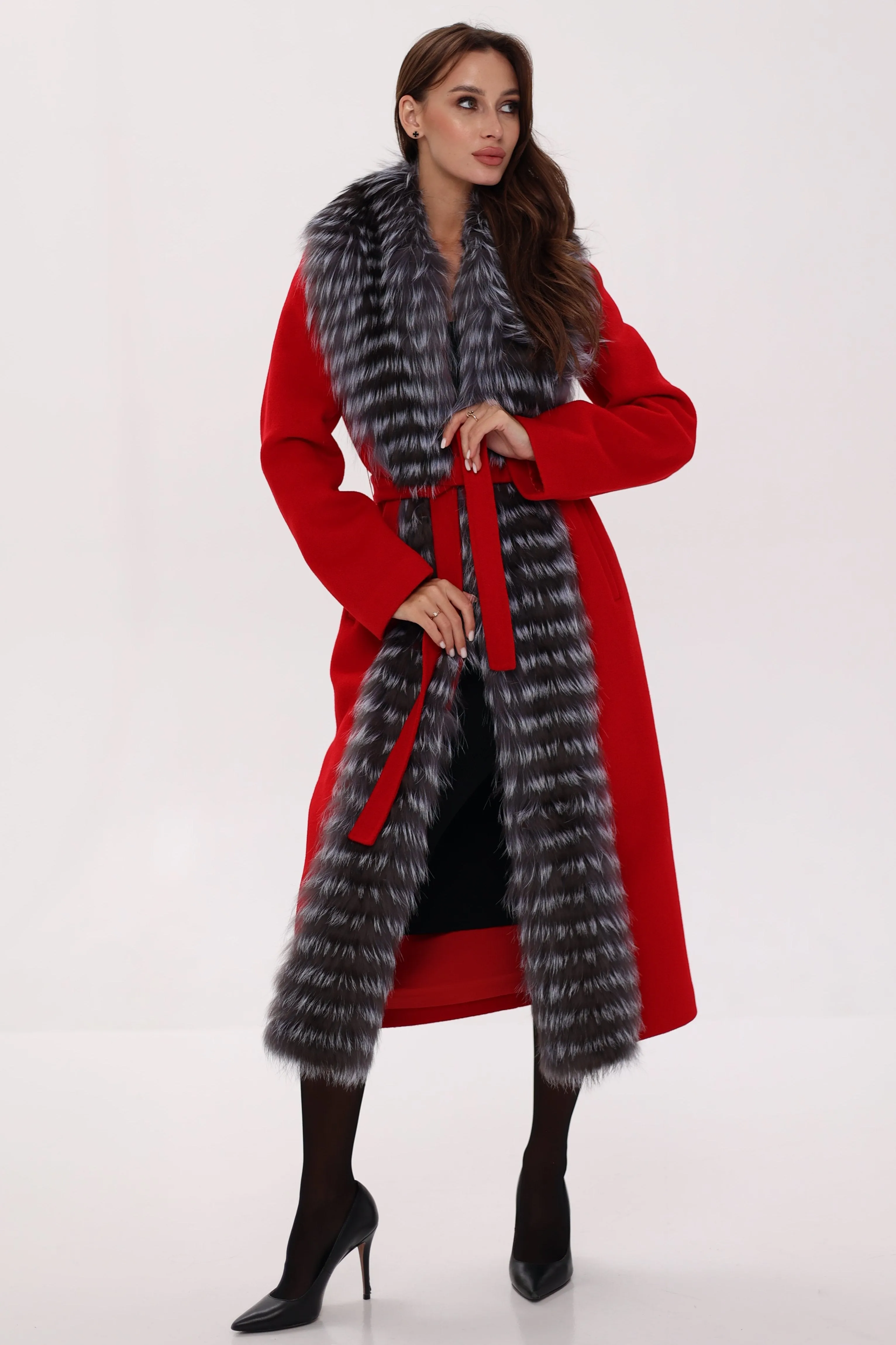 Genuine Silver Fox Virgin Wool Wrap Coat in Red