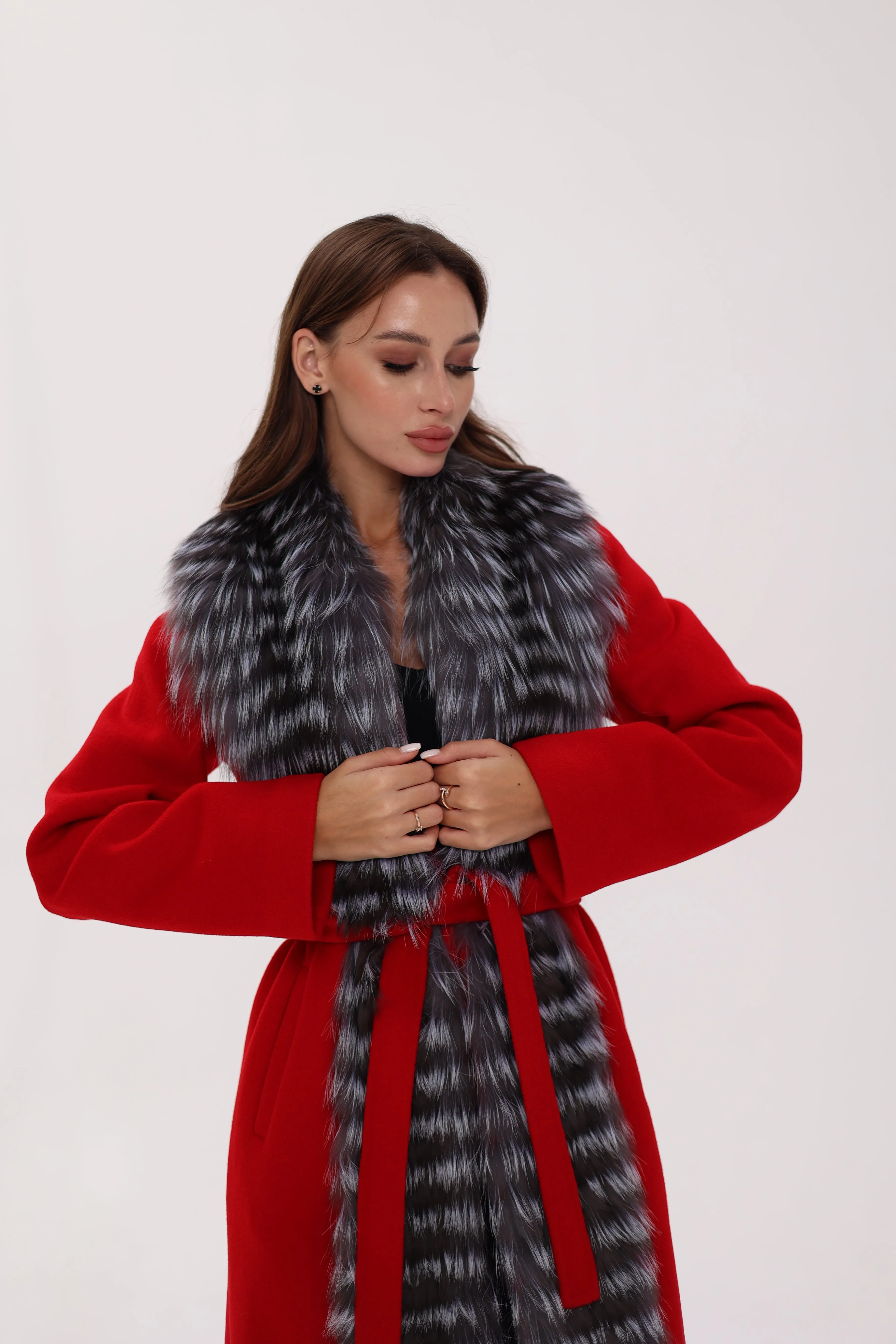 Genuine Silver Fox Virgin Wool Wrap Coat in Red